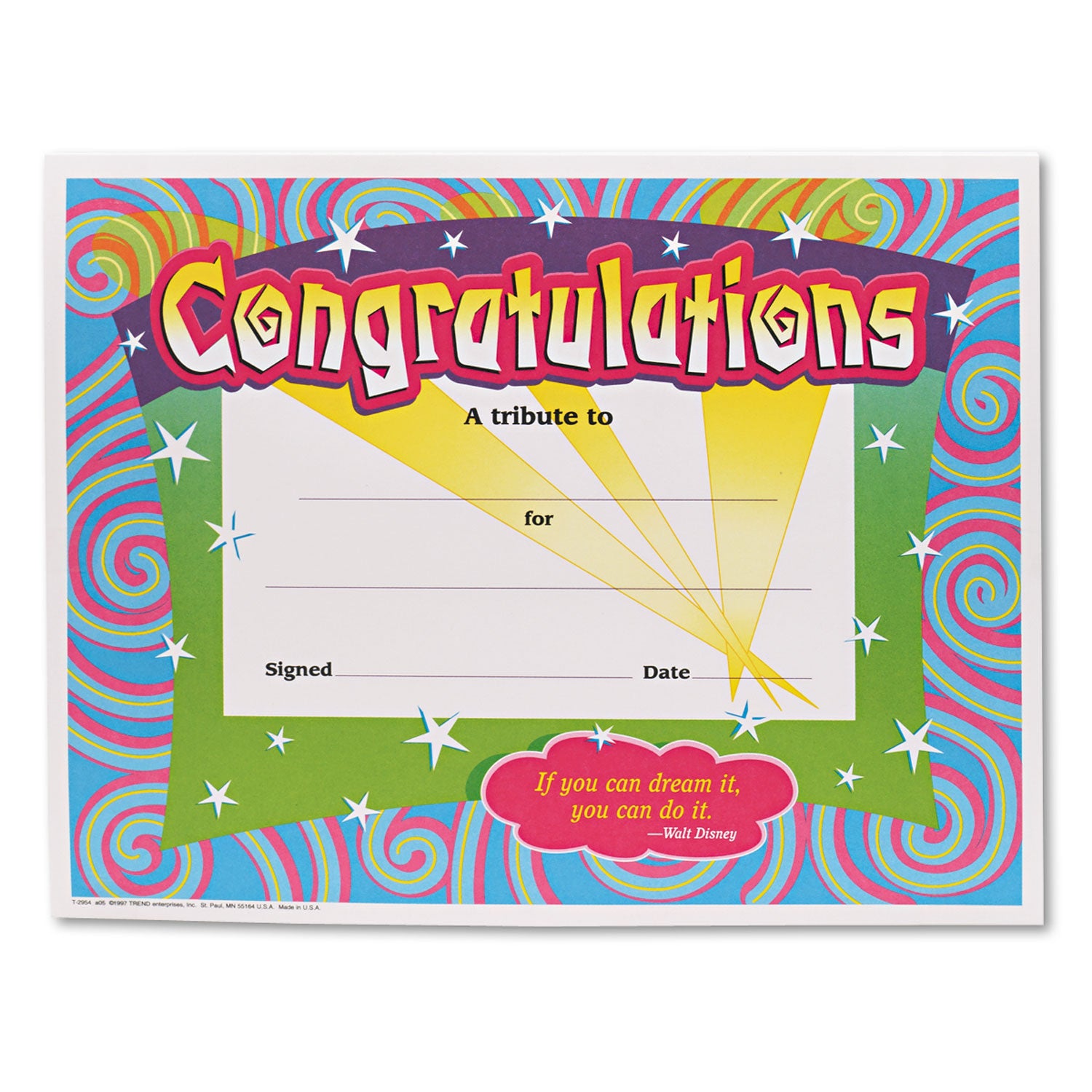 Congratulations Colorful Classic Certificates, 11 x 8.5, Horizontal Orientation, Assorted Colors with White Border, 30/Pack - 