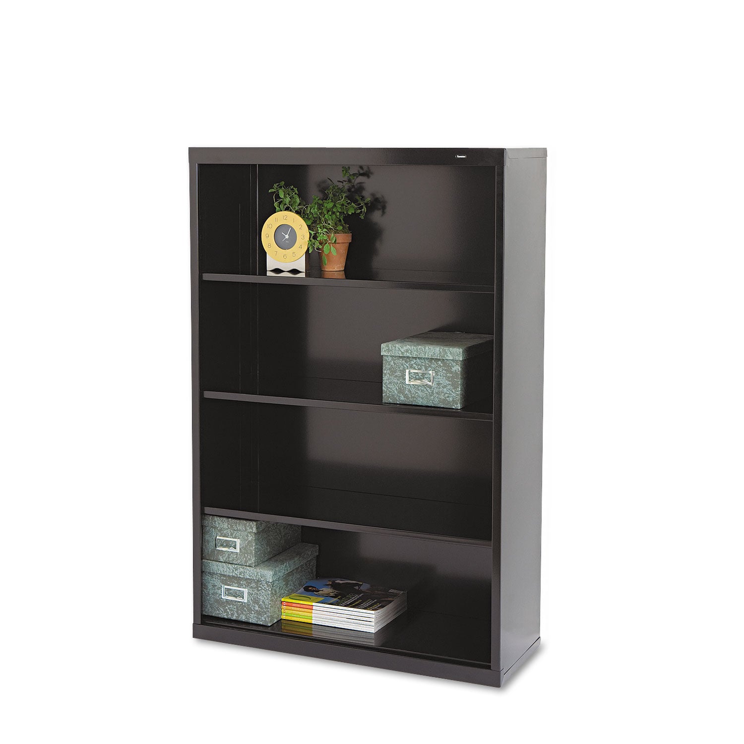 Metal Bookcase, Four-Shelf, 34.5w x 13.5d x 52.5h, Black - 