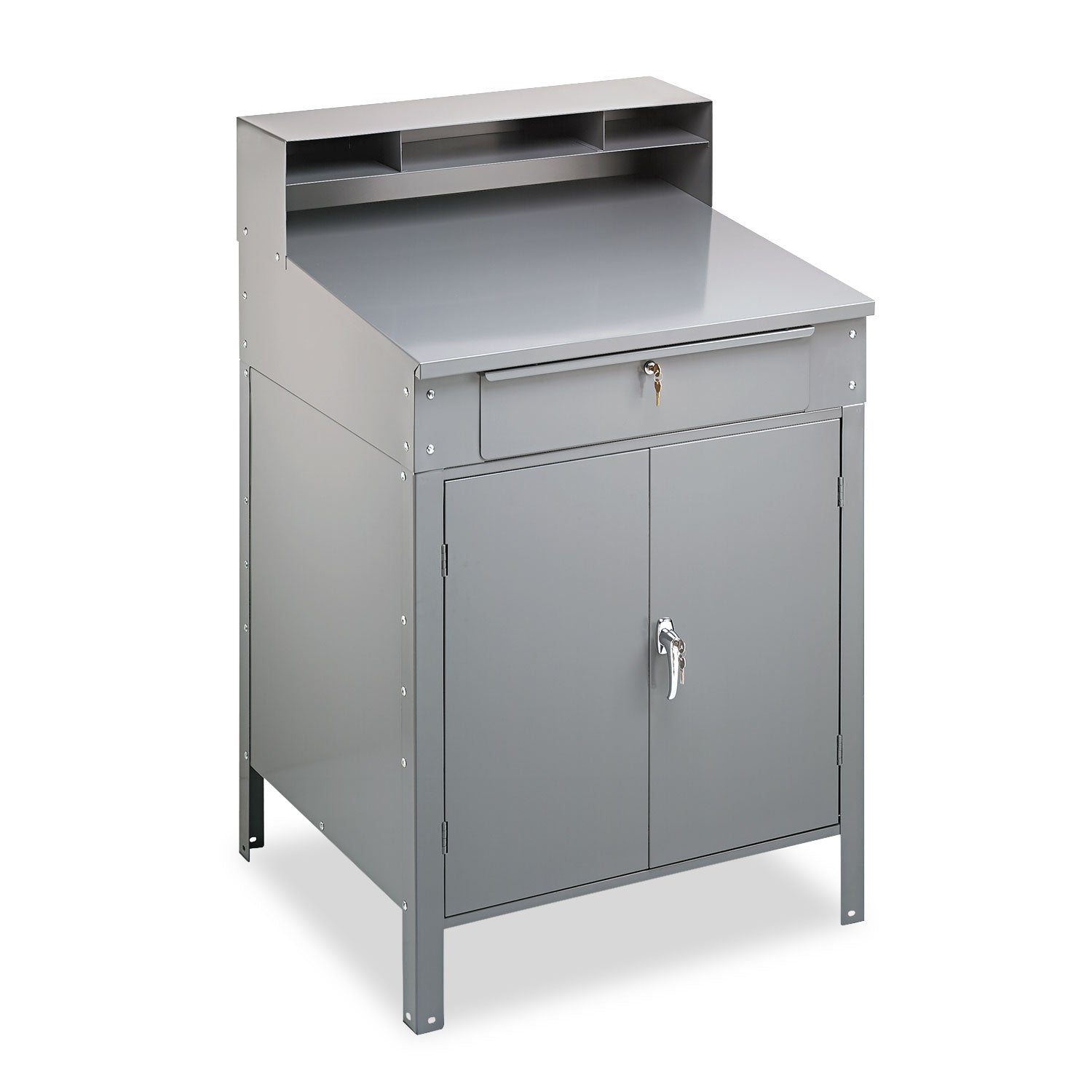 Steel Cabinet Shop Desk, 34.5" x 29" x 53", Medium Gray - 