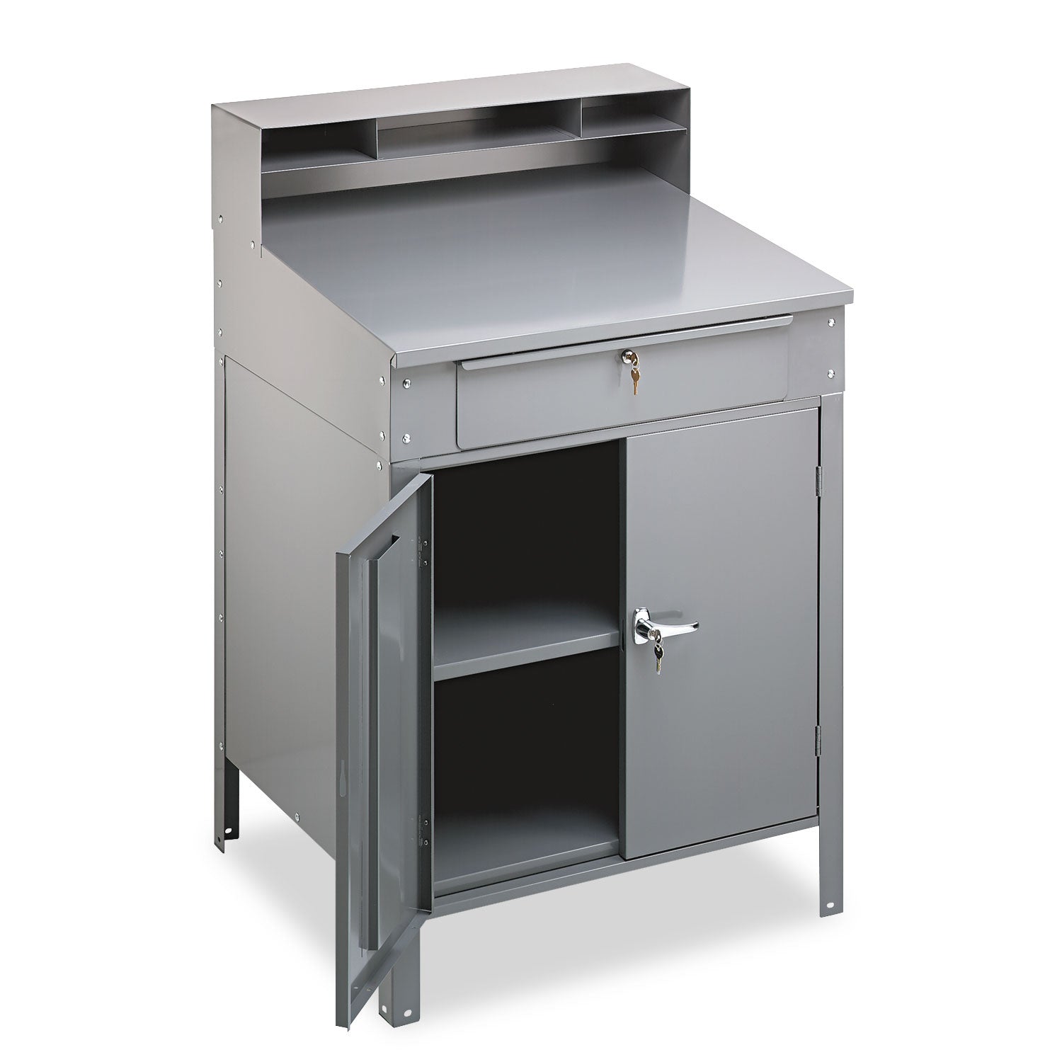 Steel Cabinet Shop Desk, 34.5" x 29" x 53", Medium Gray - 