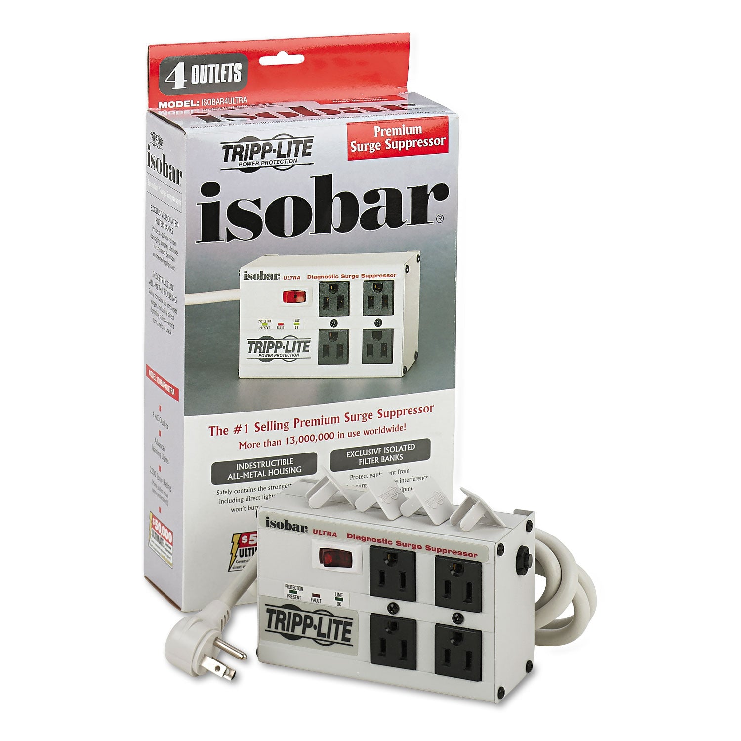 Isobar Surge Protector with Diagnostic LEDs, 4 AC Outlets, 6 ft Cord, 3,330 J, Light Gray - 