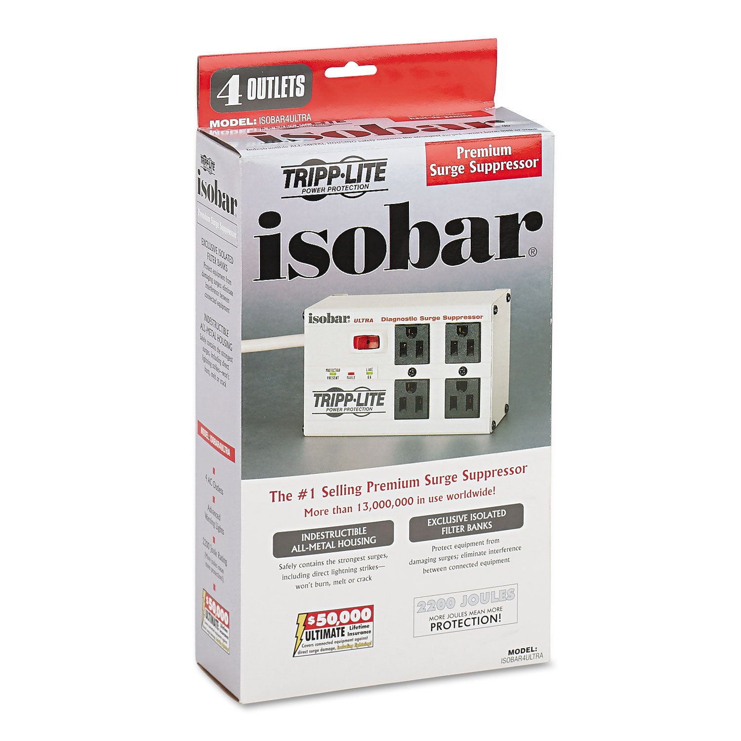 Isobar Surge Protector with Diagnostic LEDs, 4 AC Outlets, 6 ft Cord, 3,330 J, Light Gray - 
