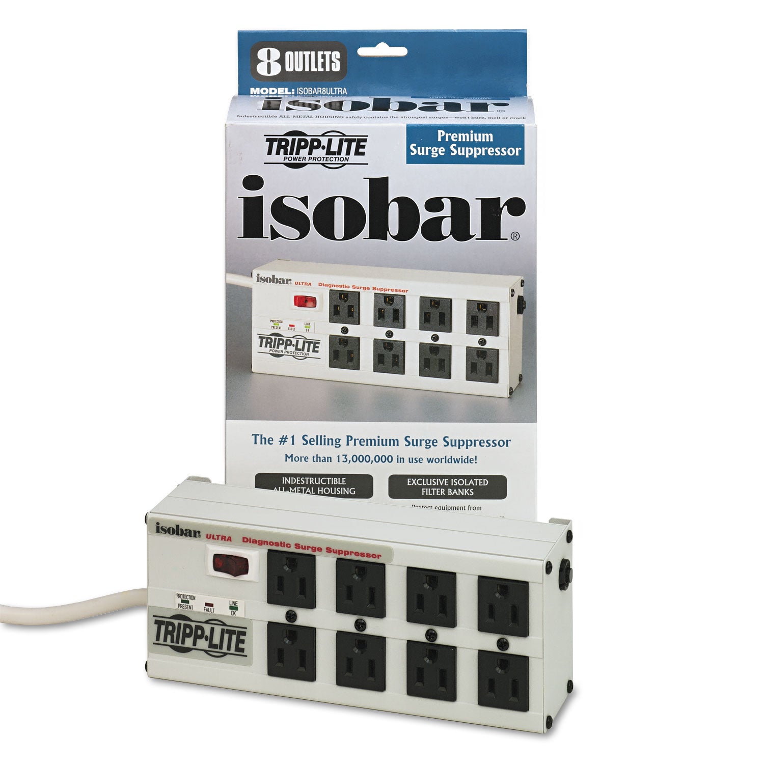 Isobar Surge Protector, 8 AC Outlets, 12 ft Cord, 3,840 J, Light Gray - 