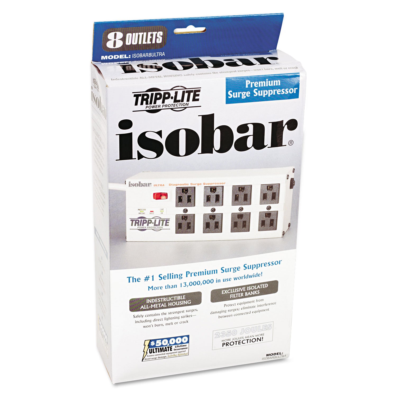 Isobar Surge Protector, 8 AC Outlets, 12 ft Cord, 3,840 J, Light Gray - 