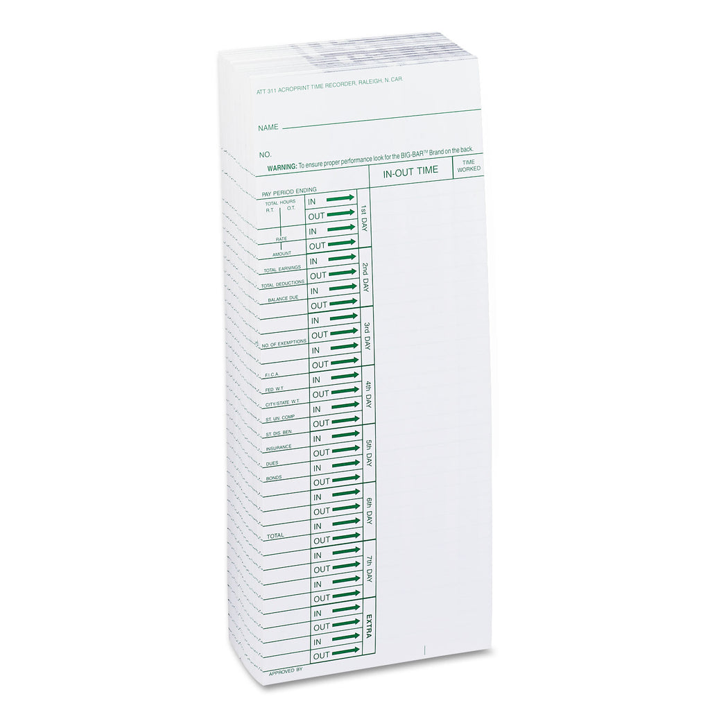Time Clock Cards for Acroprint ATT310, One Side, 4 x 10, 200/Pack - 