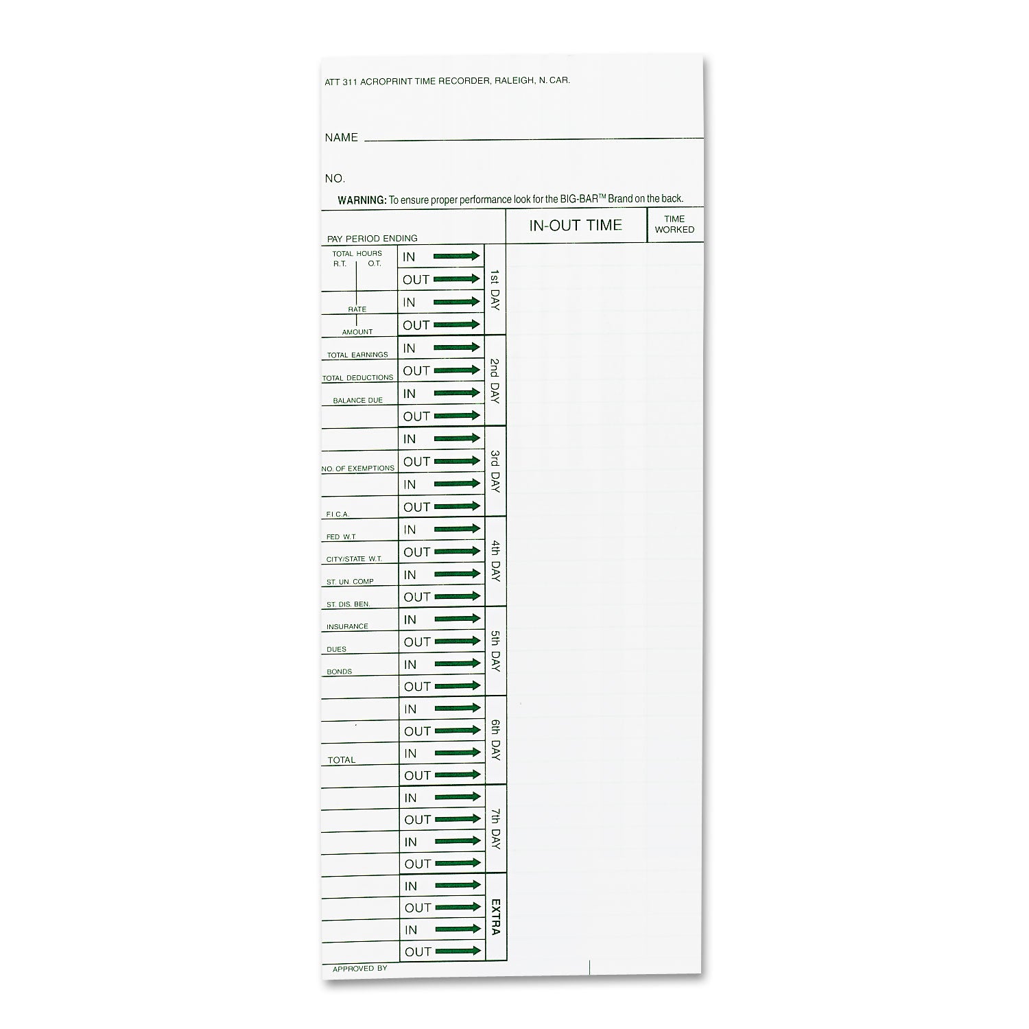 Time Clock Cards for Acroprint ATT310, One Side, 4 x 10, 200/Pack - 