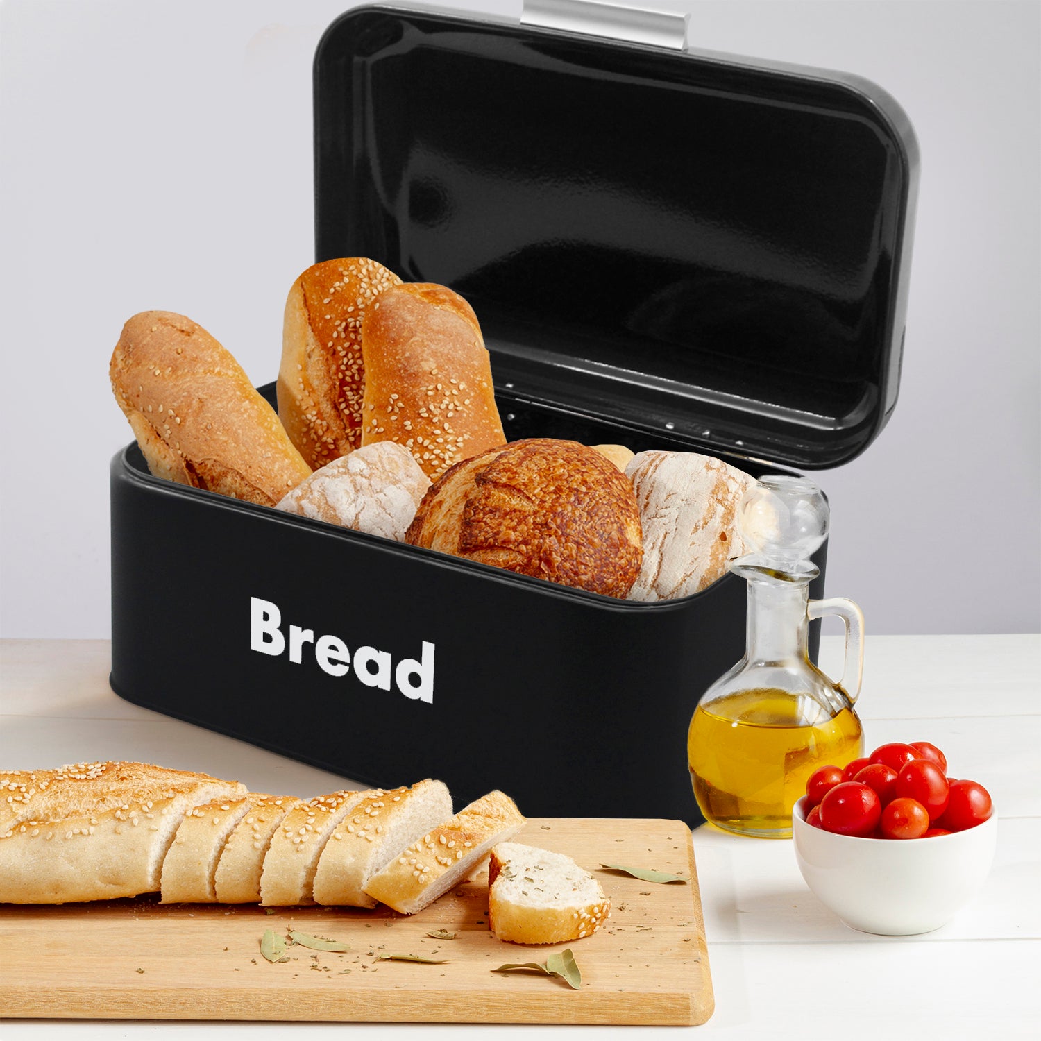 Black Metal Bread Box with Lid, 11.8"