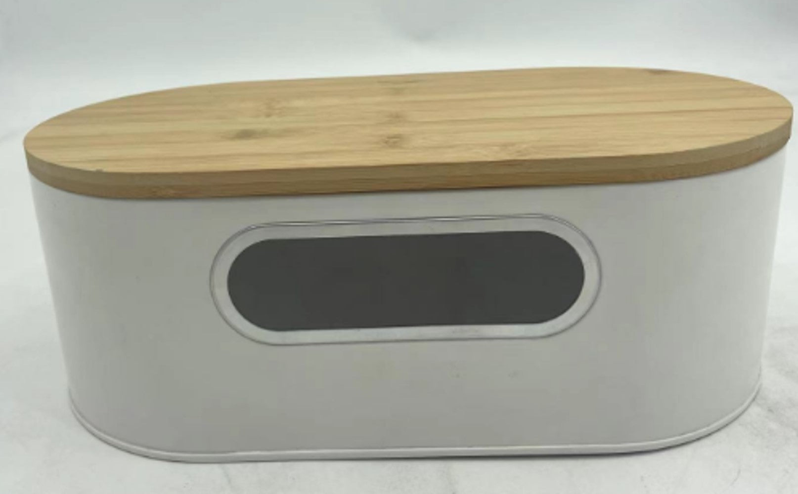 Beige Metal Bread Box with Bamboo Cutting Board Lid, 13.2"