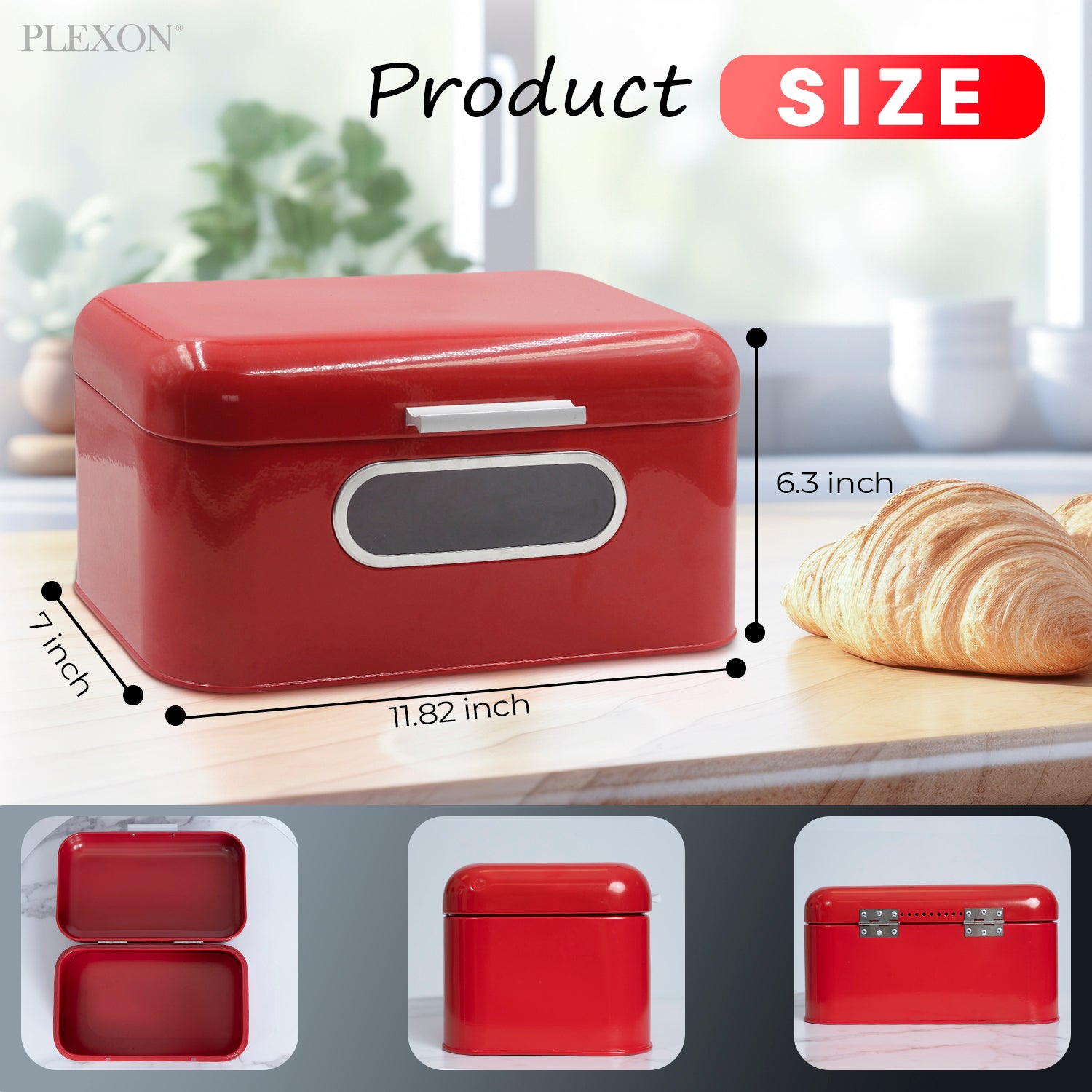 Red Metal Bread Box with Lid and Transparent Window, 11.8"