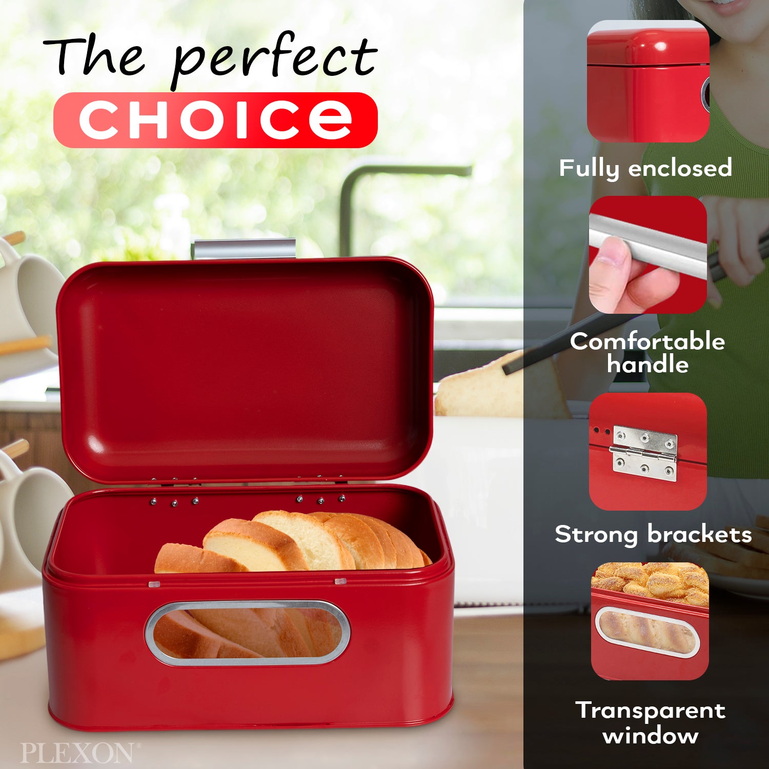 Red Metal Bread Box with Lid and Transparent Window, 11.8"