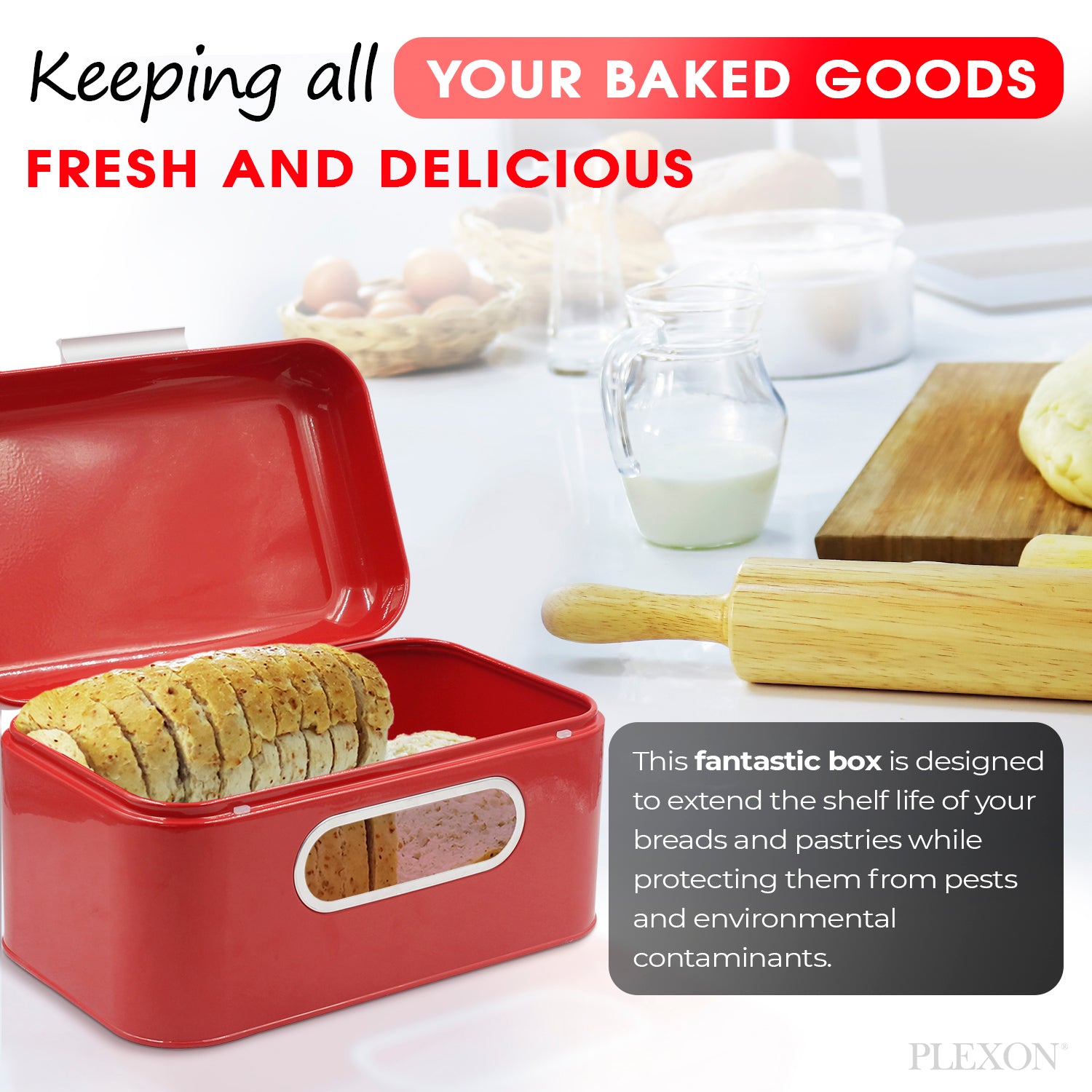 Red Metal Bread Box with Lid and Transparent Window, 11.8"