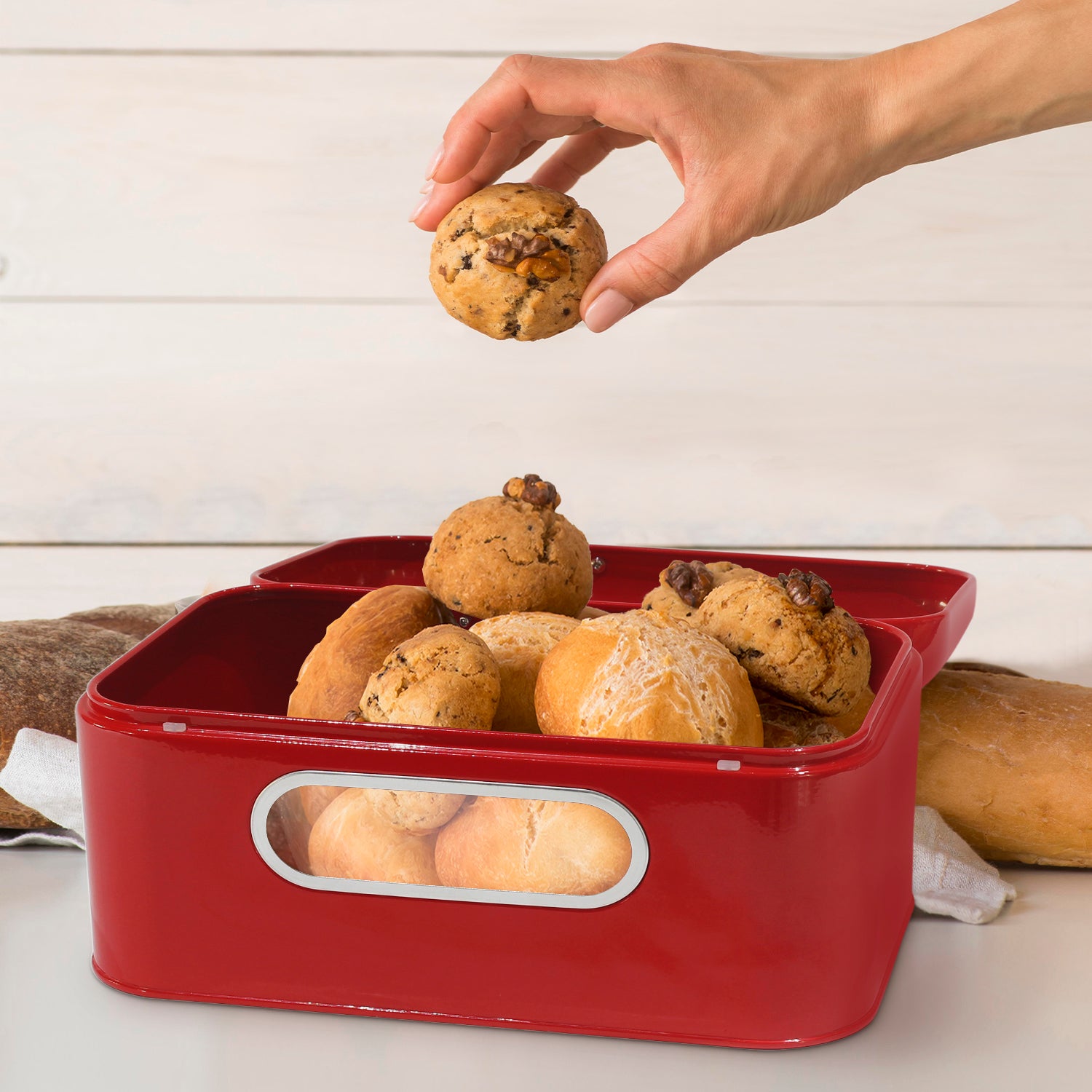 Red Metal Bread Box with Lid and Transparent Window, 11.8"