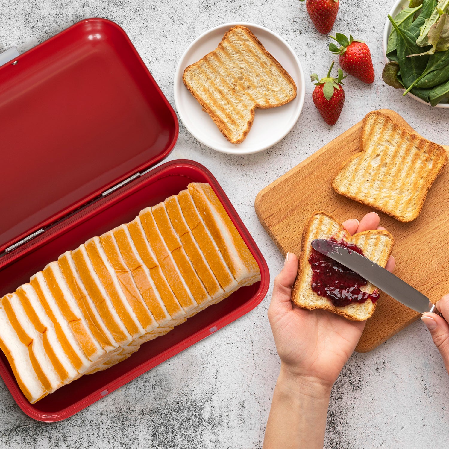 Red Metal Bread Box with Lid and Transparent Window, 11.8"