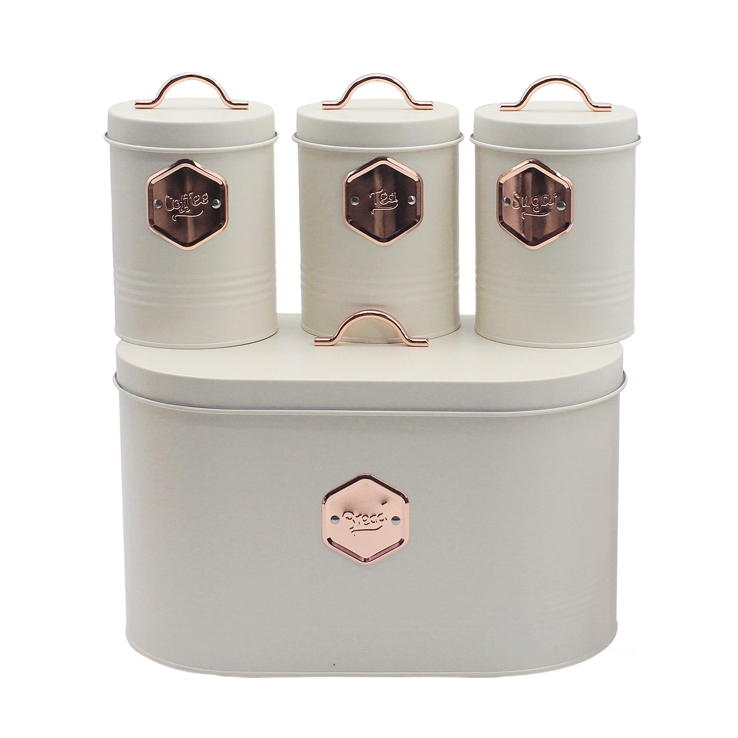 4-piece Beige Metal Bread Box Set with Lids and Cooper Labels