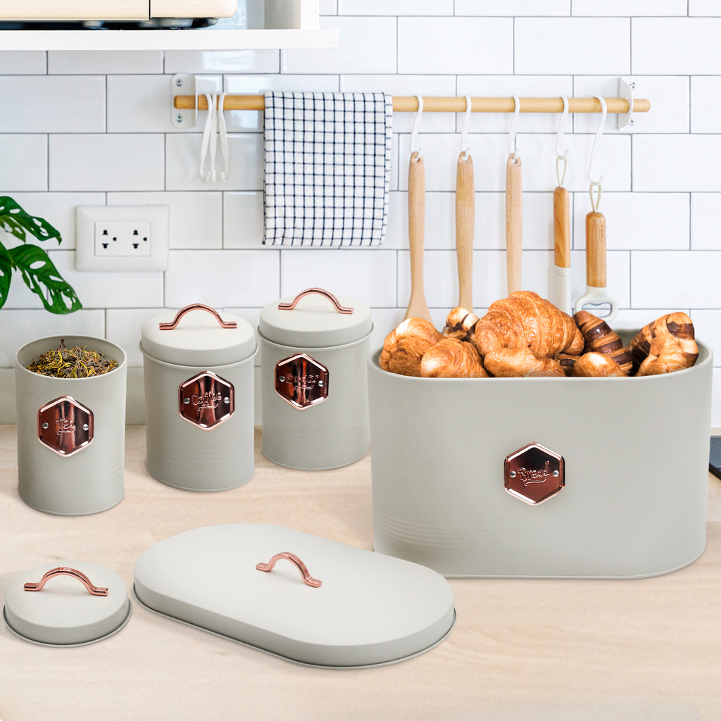 4-piece Beige Metal Bread Box Set with Lids and Cooper Labels