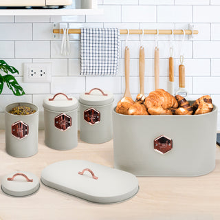 4-piece Beige Metal Bread Box Set with Lids and Cooper Labels