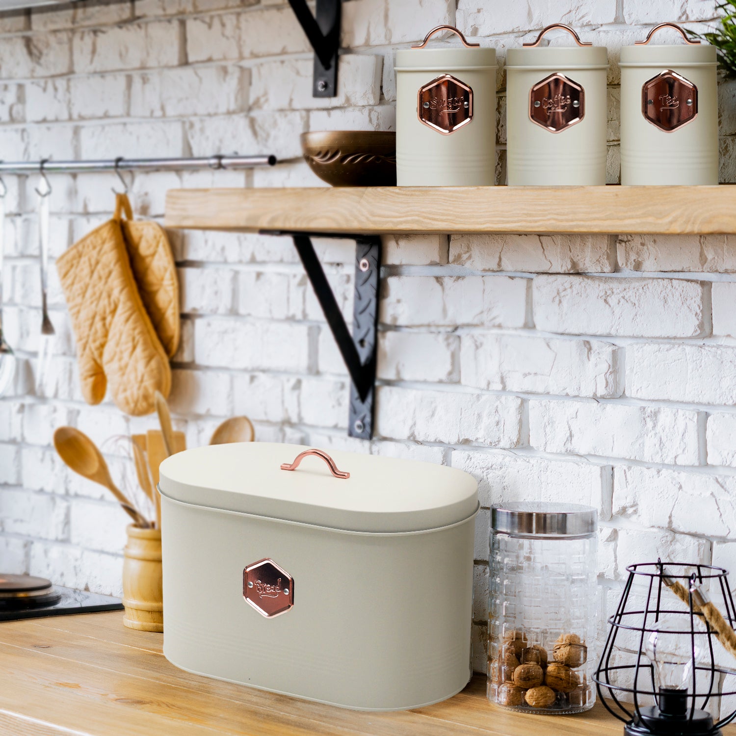 4-piece Beige Metal Bread Box Set with Lids and Cooper Labels