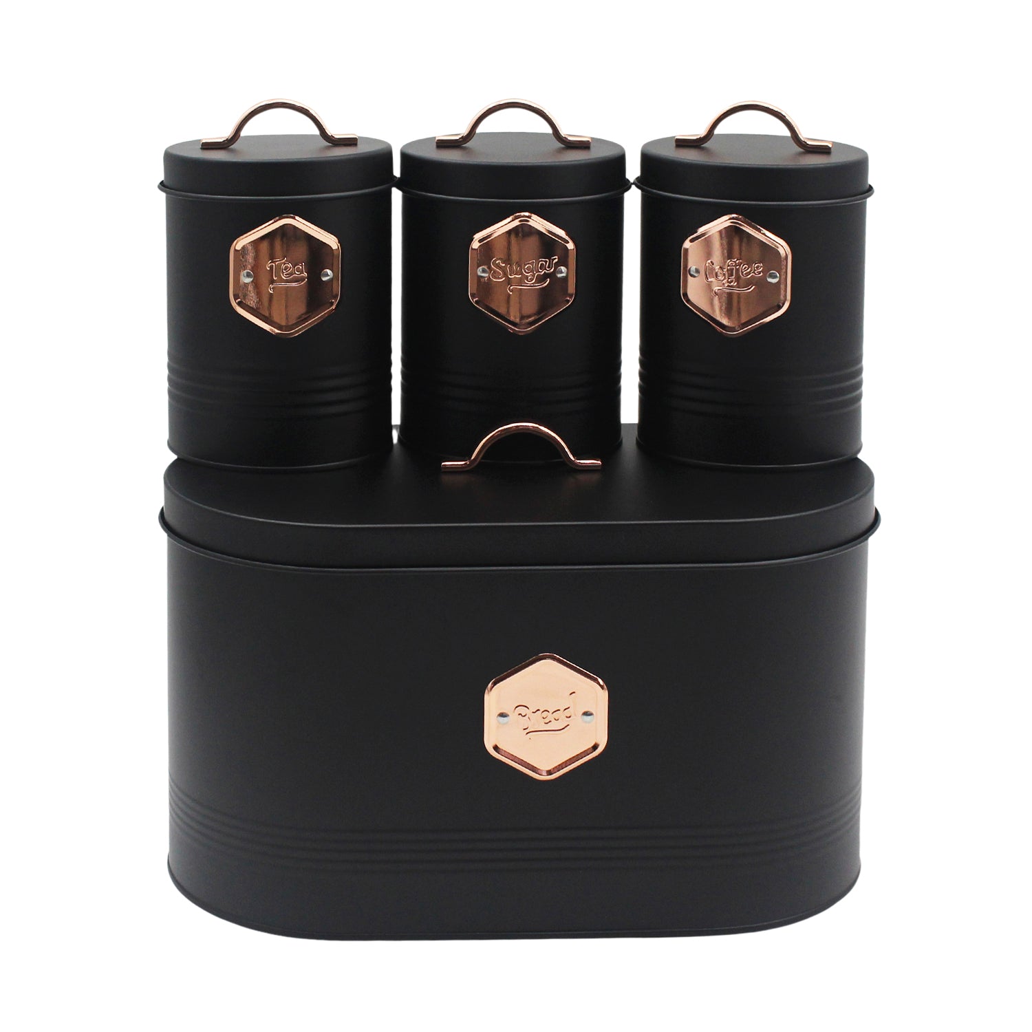 4-piece Black Metal Bread Box Set with Lids and Cooper Labels