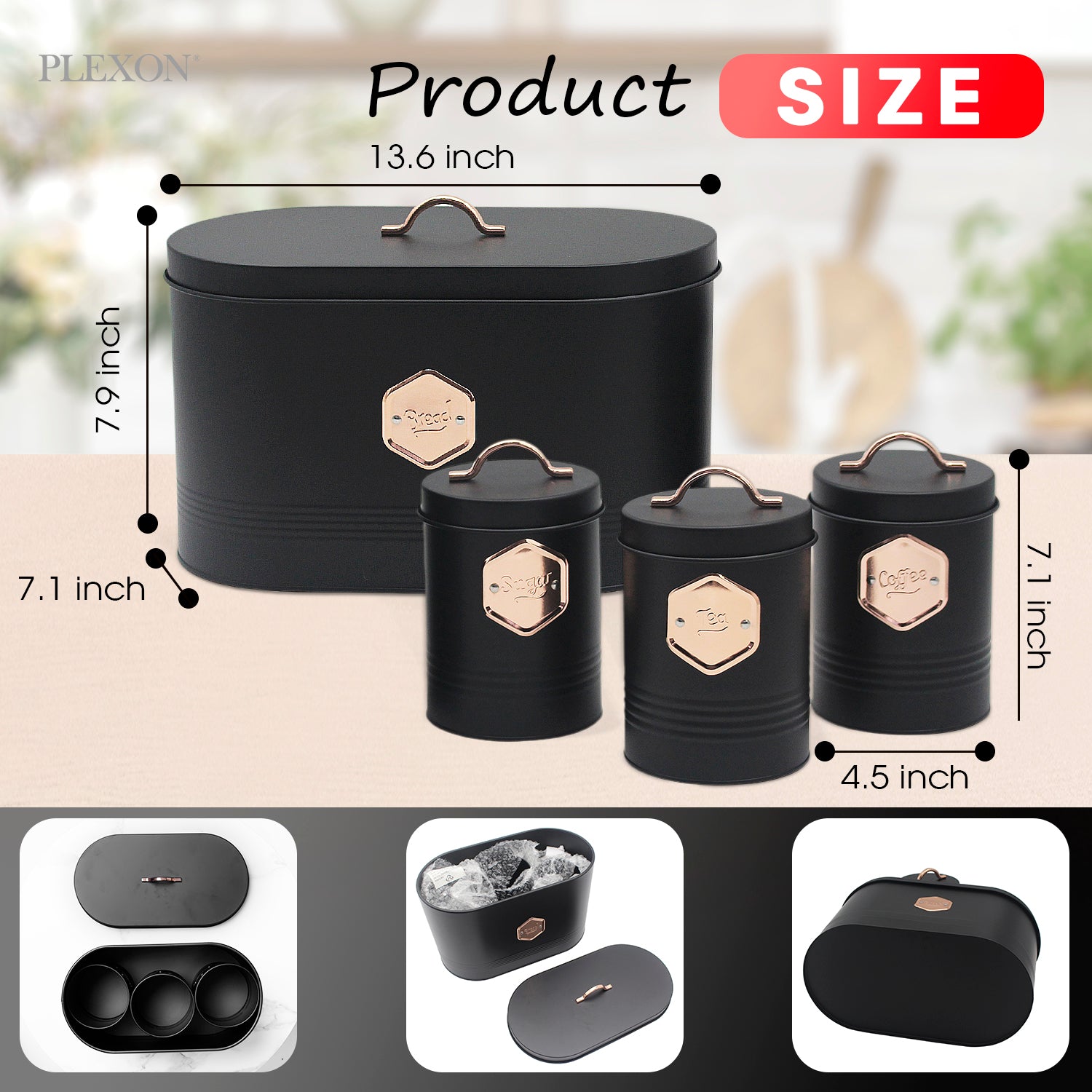 4-piece Black Metal Bread Box Set with Lids and Cooper Labels