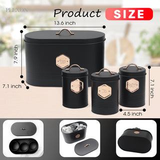 4-piece Black Metal Bread Box Set with Lids and Cooper Labels