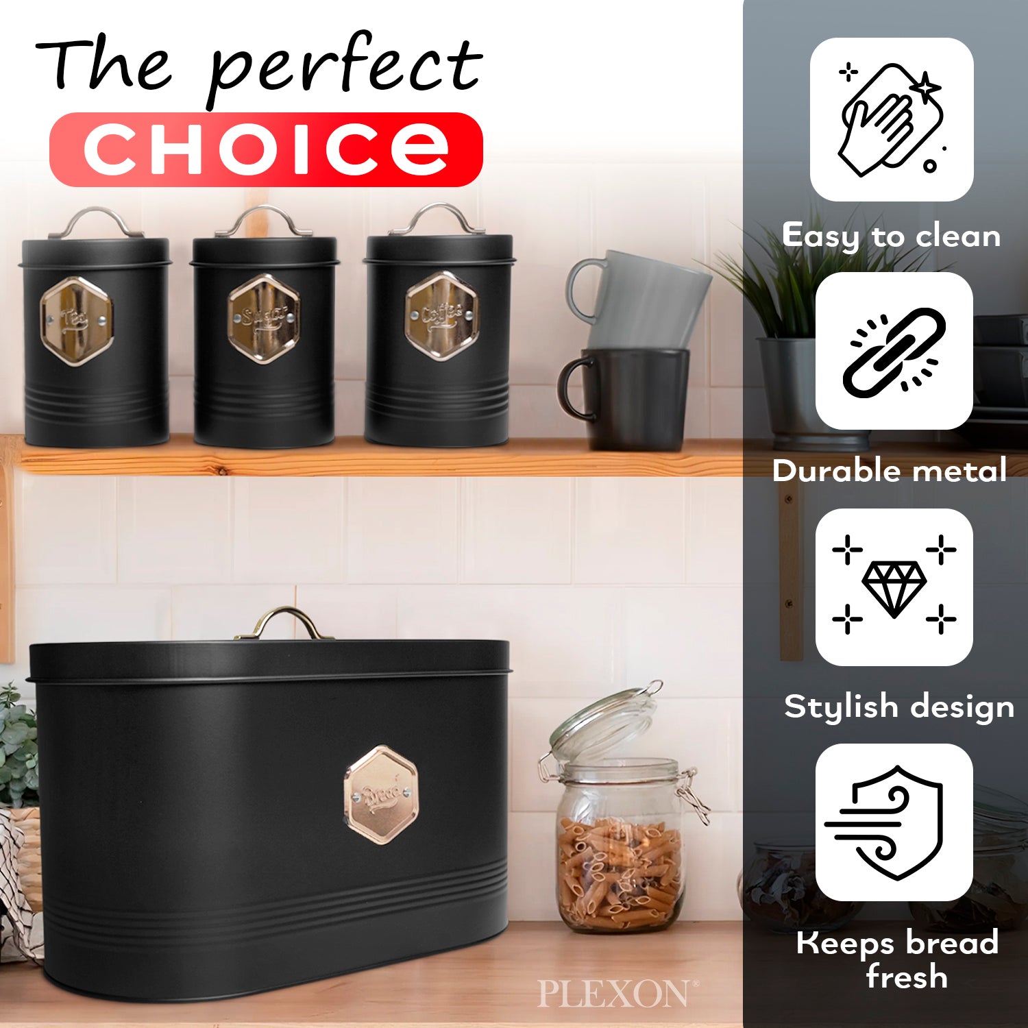 4-piece Black Metal Bread Box Set with Lids and Cooper Labels