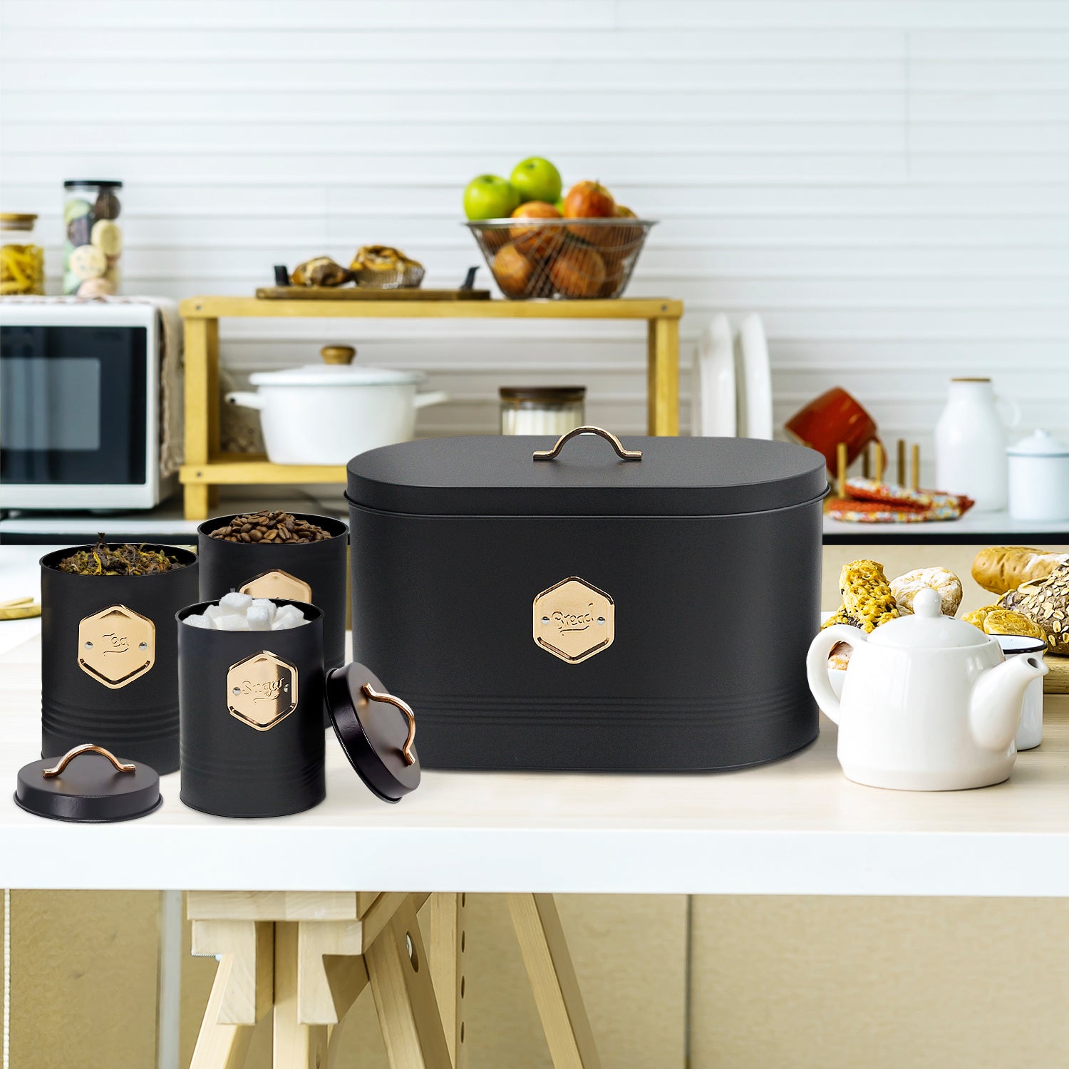 4-piece Black Metal Bread Box Set with Lids and Cooper Labels