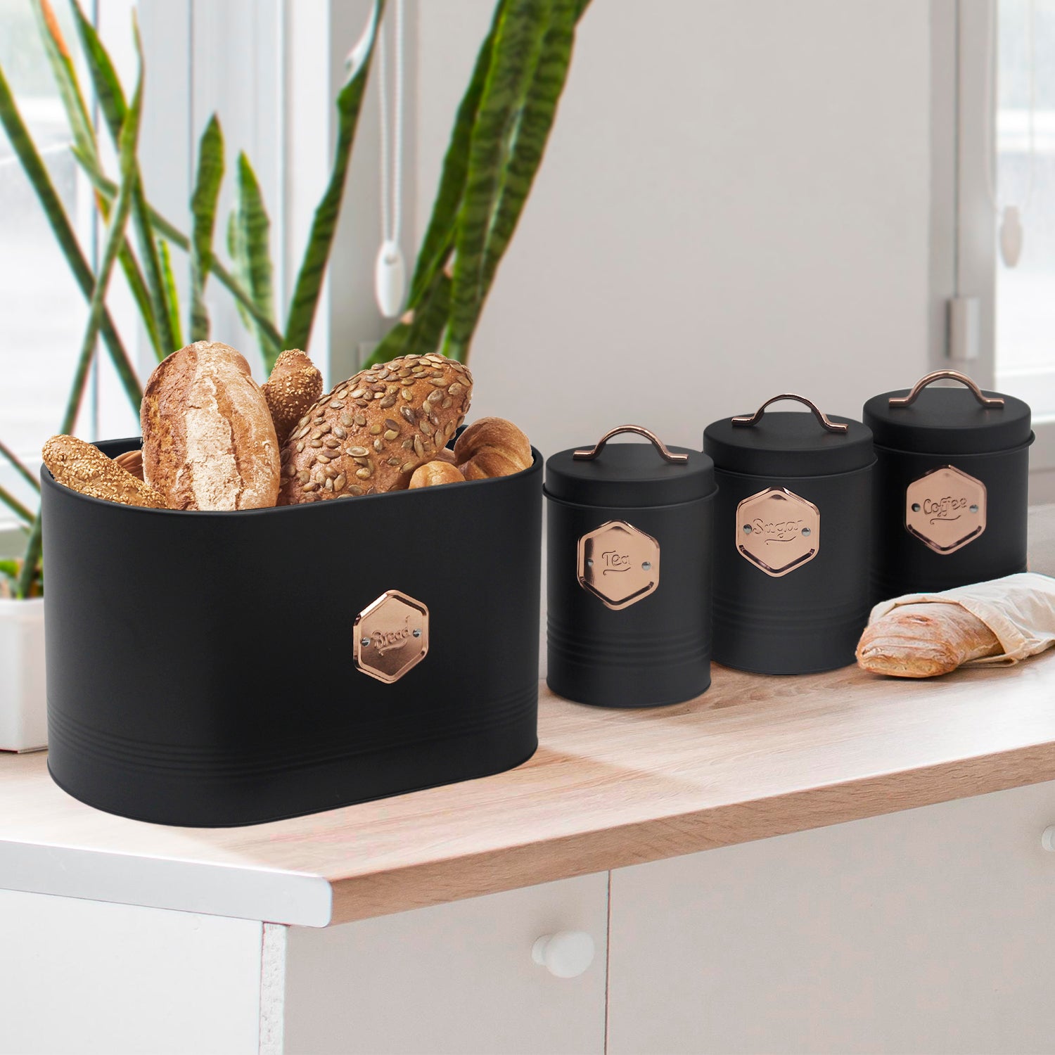 4-piece Black Metal Bread Box Set with Lids and Cooper Labels