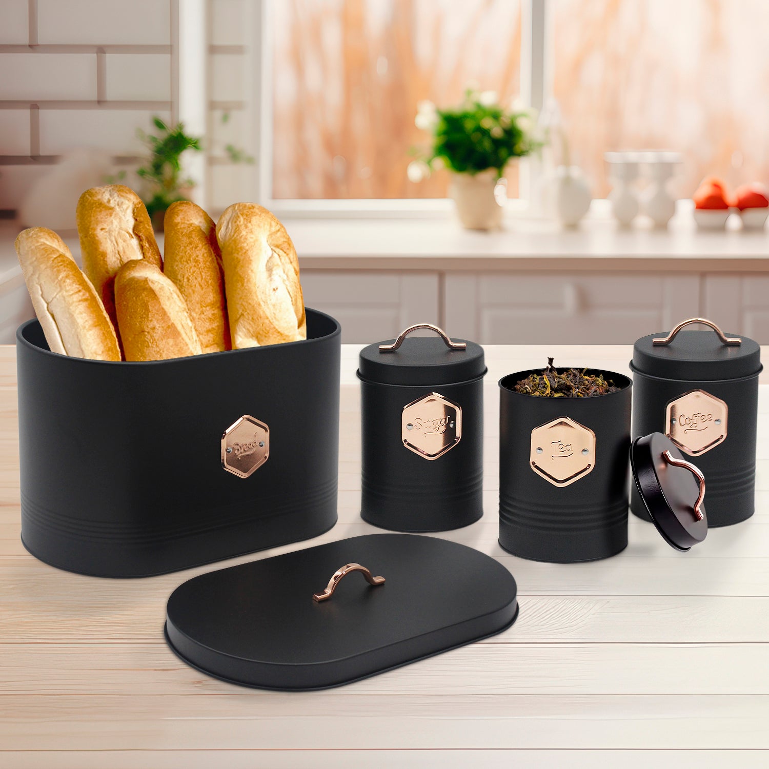 4-piece Black Metal Bread Box Set with Lids and Cooper Labels