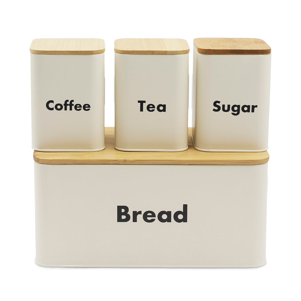 4-piece Off-White Metal Bread Box Set with Bamboo Cutting Board Lid