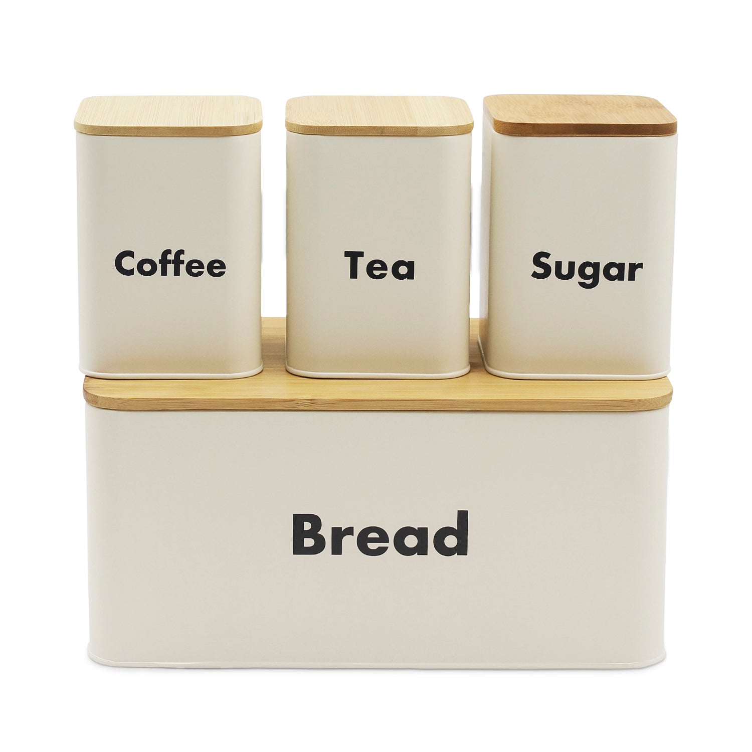 4-piece Off-White Metal Bread Box Set with Bamboo Cutting Board Lid