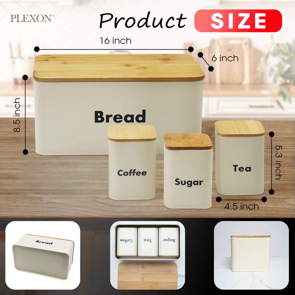 4-piece Off-White Metal Bread Box Set with Bamboo Cutting Board Lid