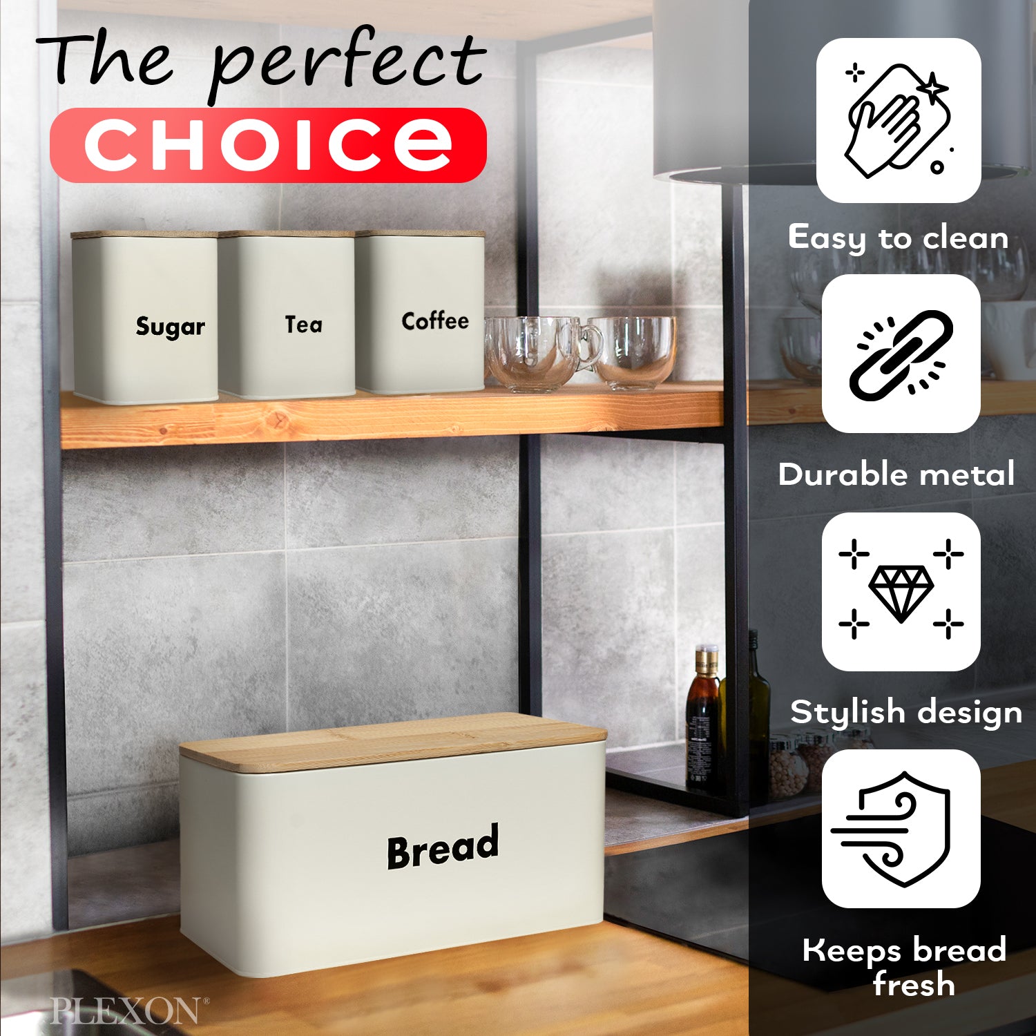 4-piece Off-White Metal Bread Box Set with Bamboo Cutting Board Lid