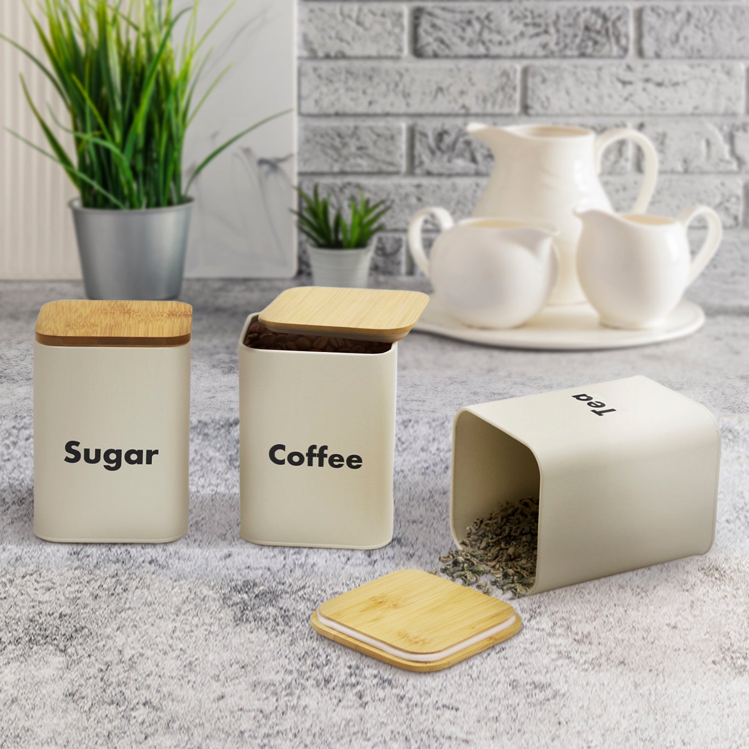 4-piece Beige Metal Bread Box Set with Bamboo Cutting Board Lid