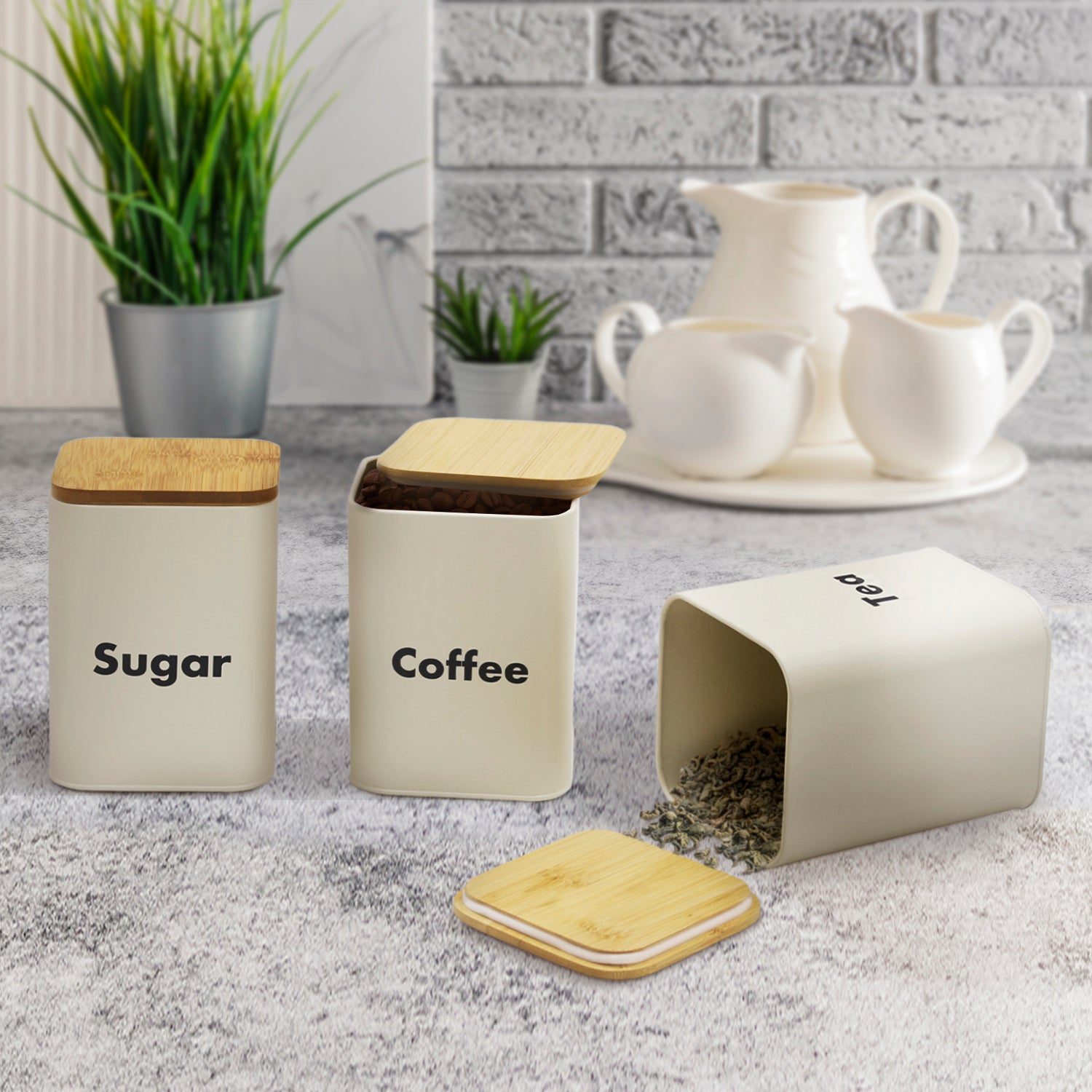4-piece Off-White Metal Bread Box Set with Bamboo Cutting Board Lid