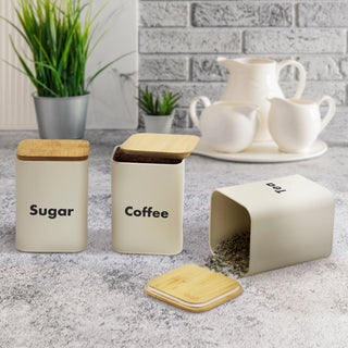 4-piece Off-White Metal Bread Box Set with Bamboo Cutting Board Lid
