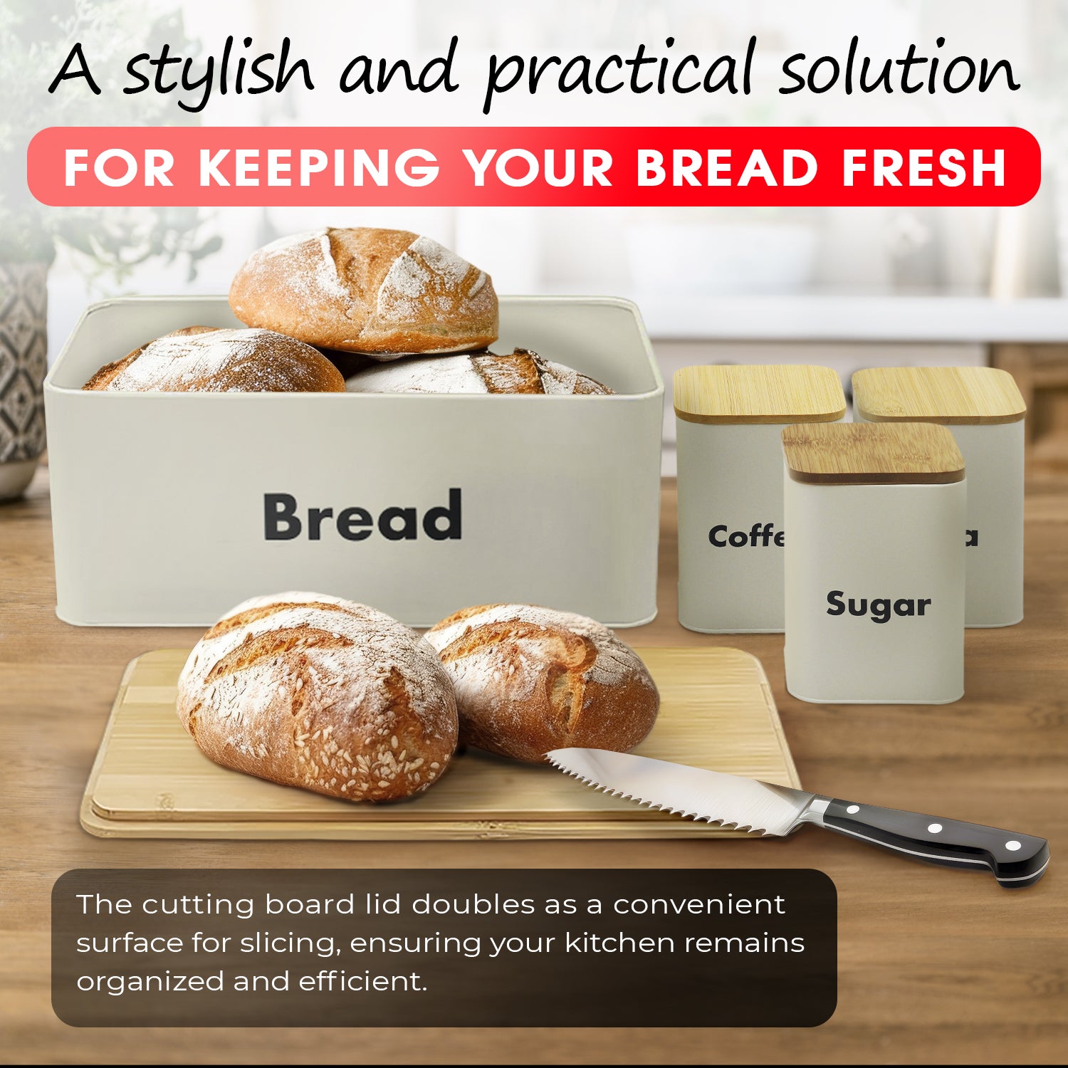 4-piece Off-White Metal Bread Box Set with Bamboo Cutting Board Lid
