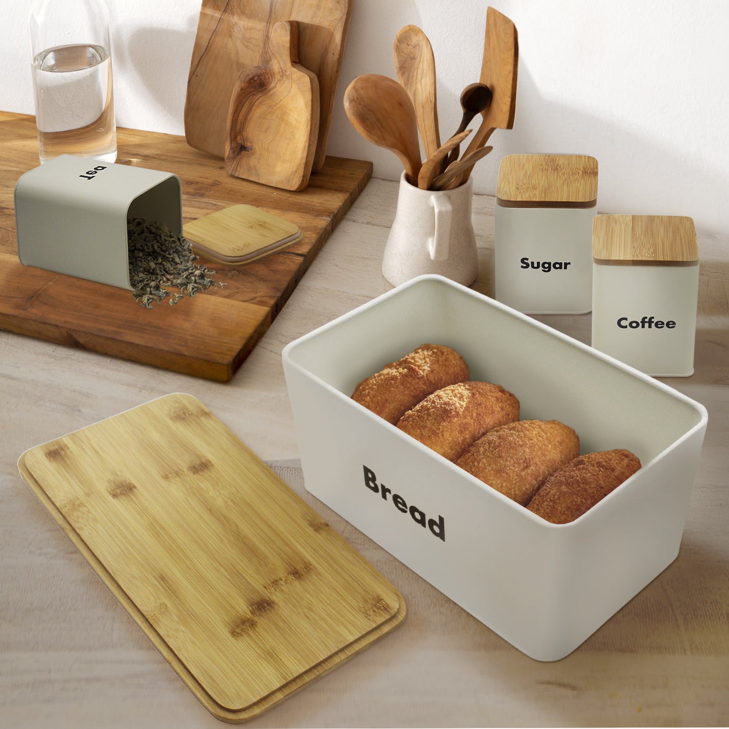 4-piece Off-White Metal Bread Box Set with Bamboo Cutting Board Lid