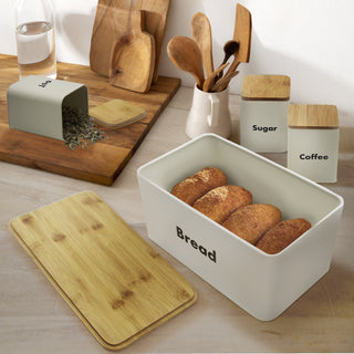 4-piece Off-White Metal Bread Box Set with Bamboo Cutting Board Lid