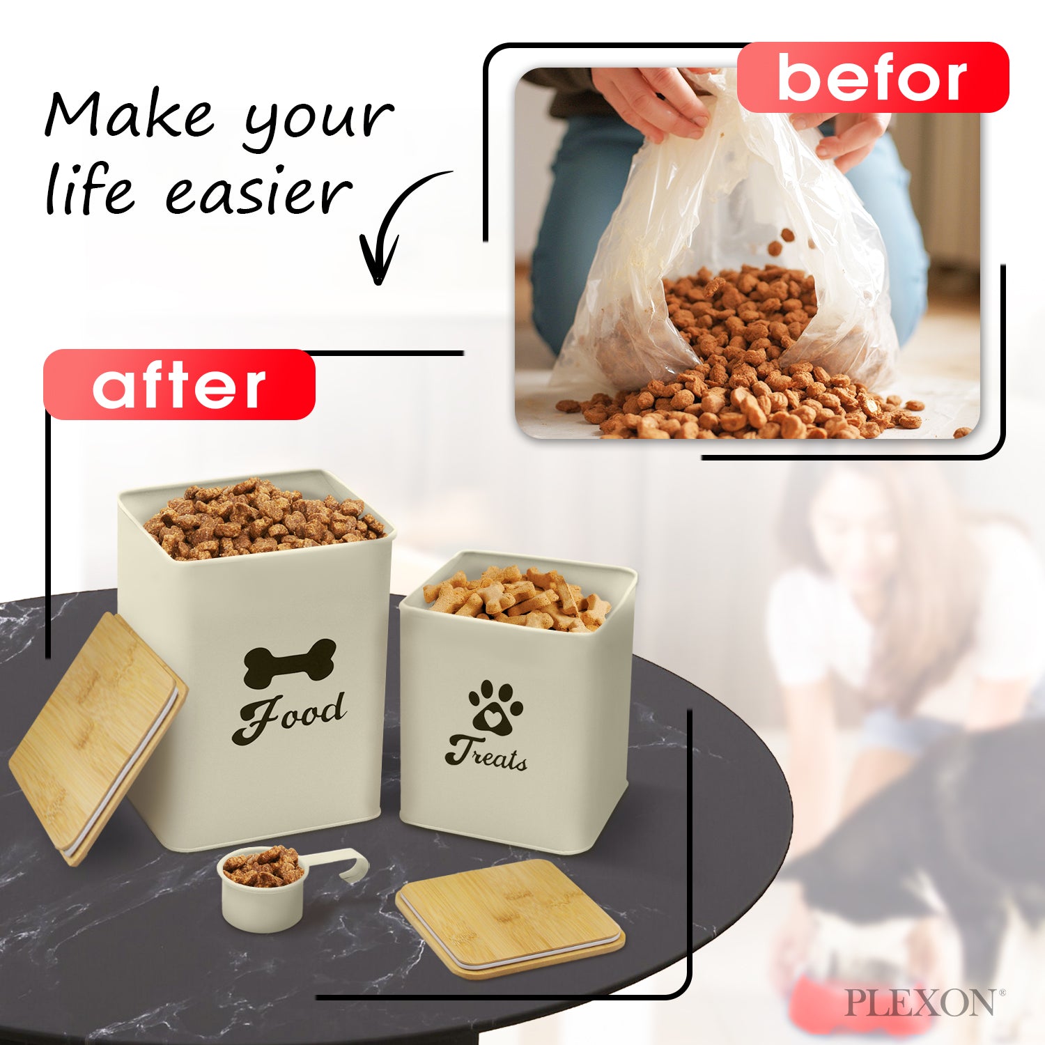 2-piece Beige Pet Food Storage Canister Set with Spoon and Wood Lids