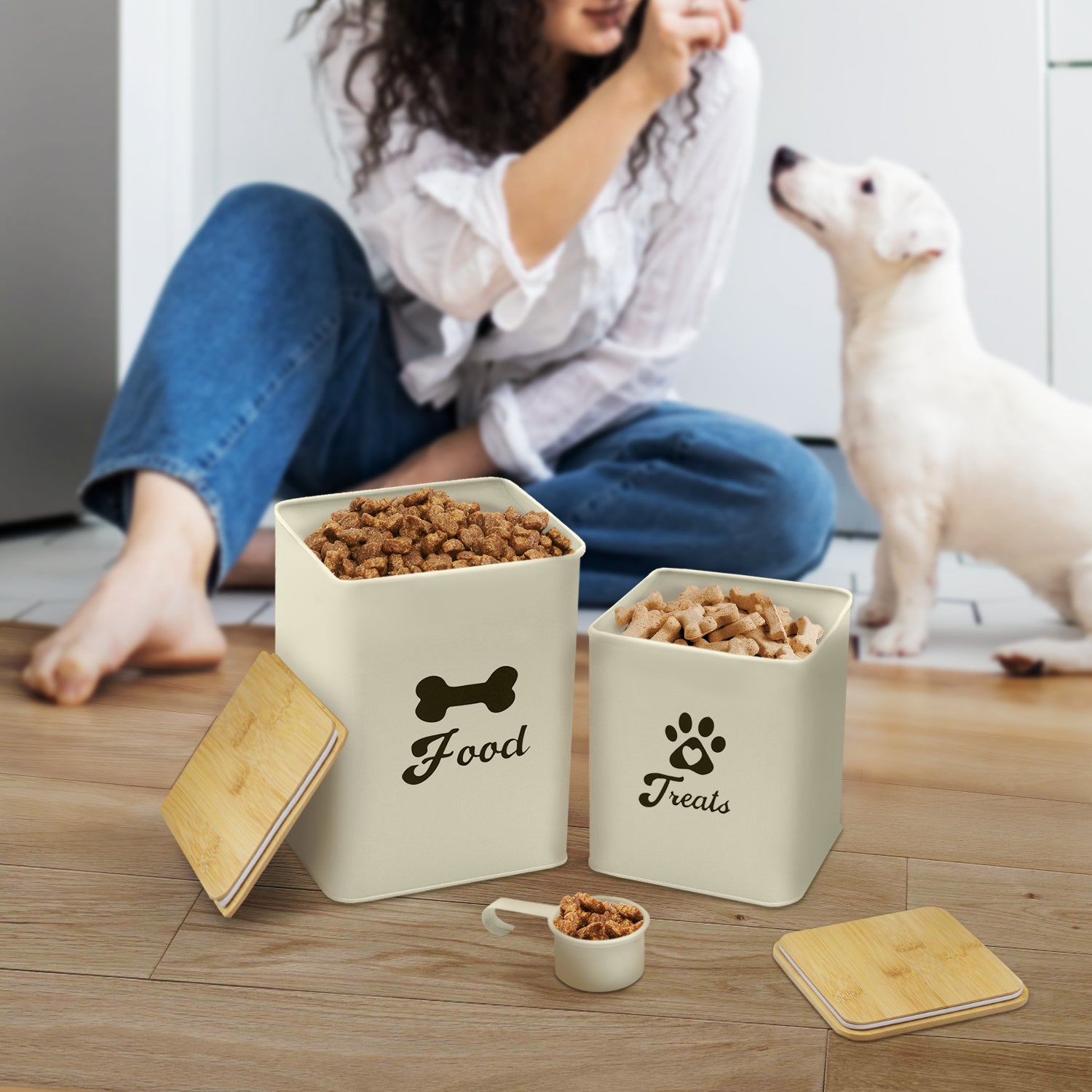 2-piece Beige Pet Food Storage Canister Set with Spoon and Wood Lids