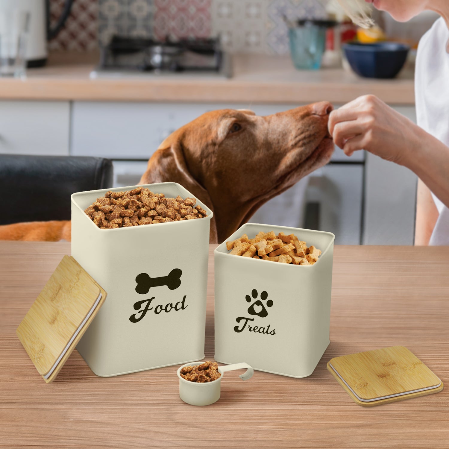 2-piece Beige Pet Food Storage Canister Set with Spoon and Wood Lids