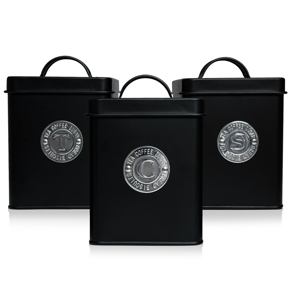 3-piece Black Metal Jar Set with Lids and Cooper Labels