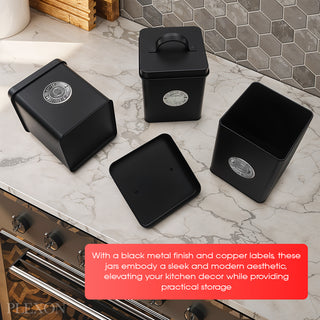 3-piece Black Metal Jar Set with Lids and Cooper Labels