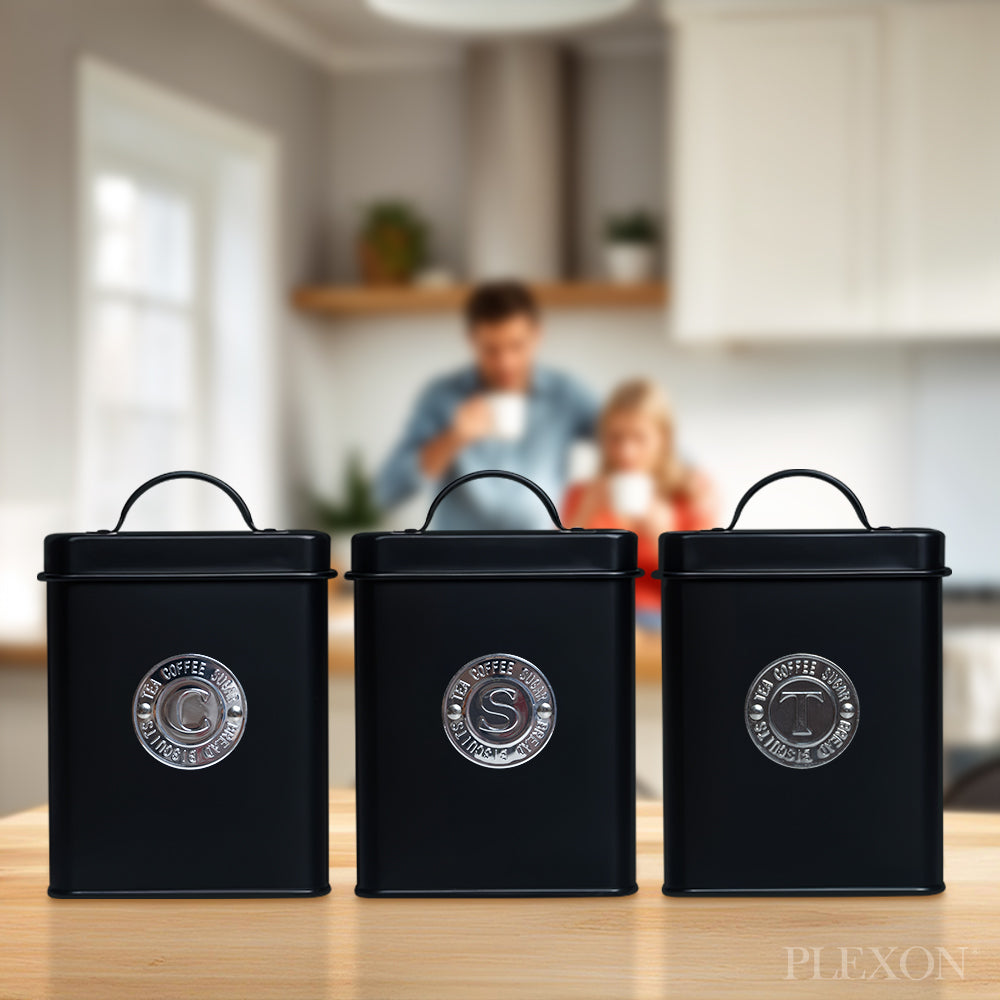 3-piece Black Metal Jar Set with Lids and Cooper Labels