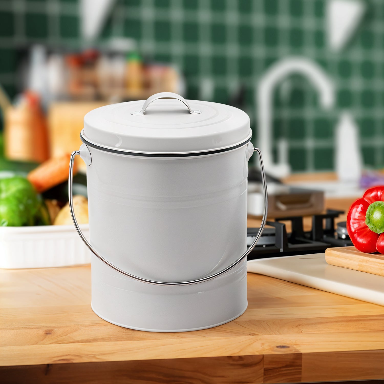 White Metal Compost Bucket with Airflow Lid