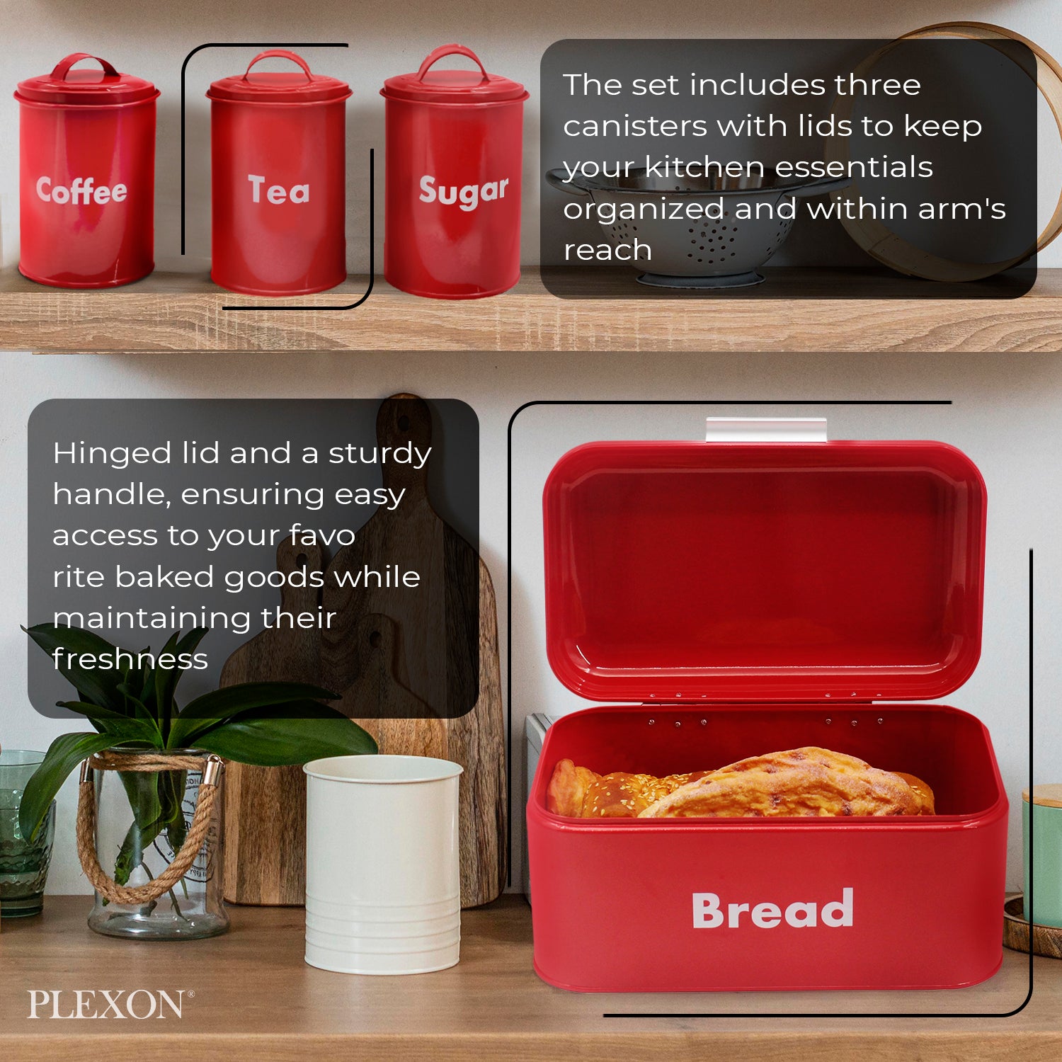 4-piece Red Metal Bread Box Set with Lids