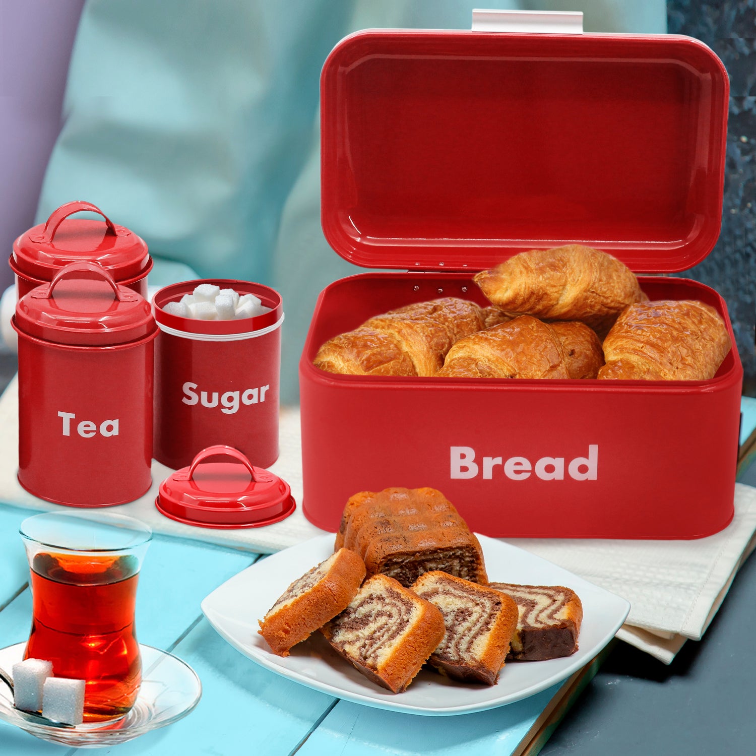 4-piece Red Metal Bread Box Set with Lids