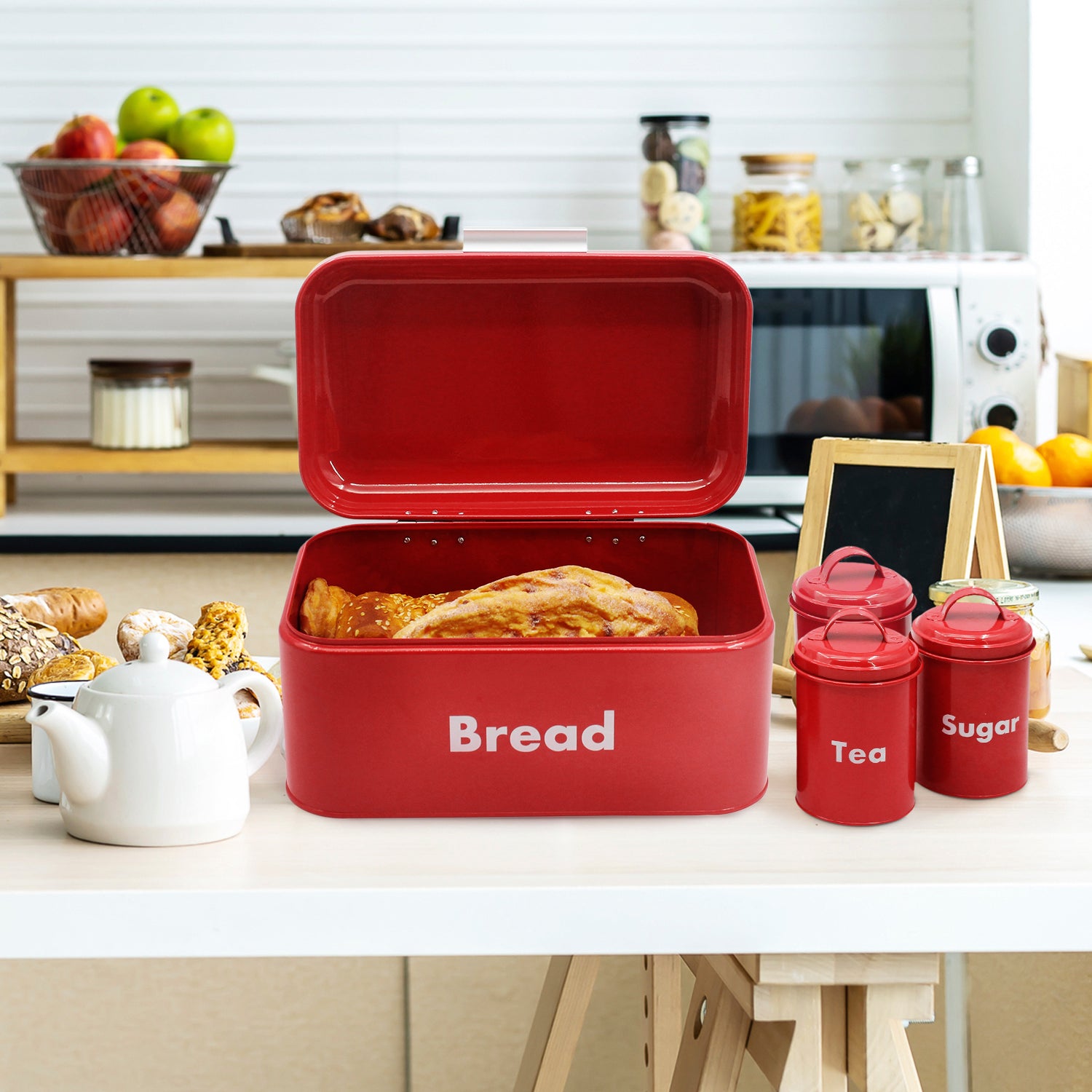 4-piece Red Metal Bread Box Set with Lids