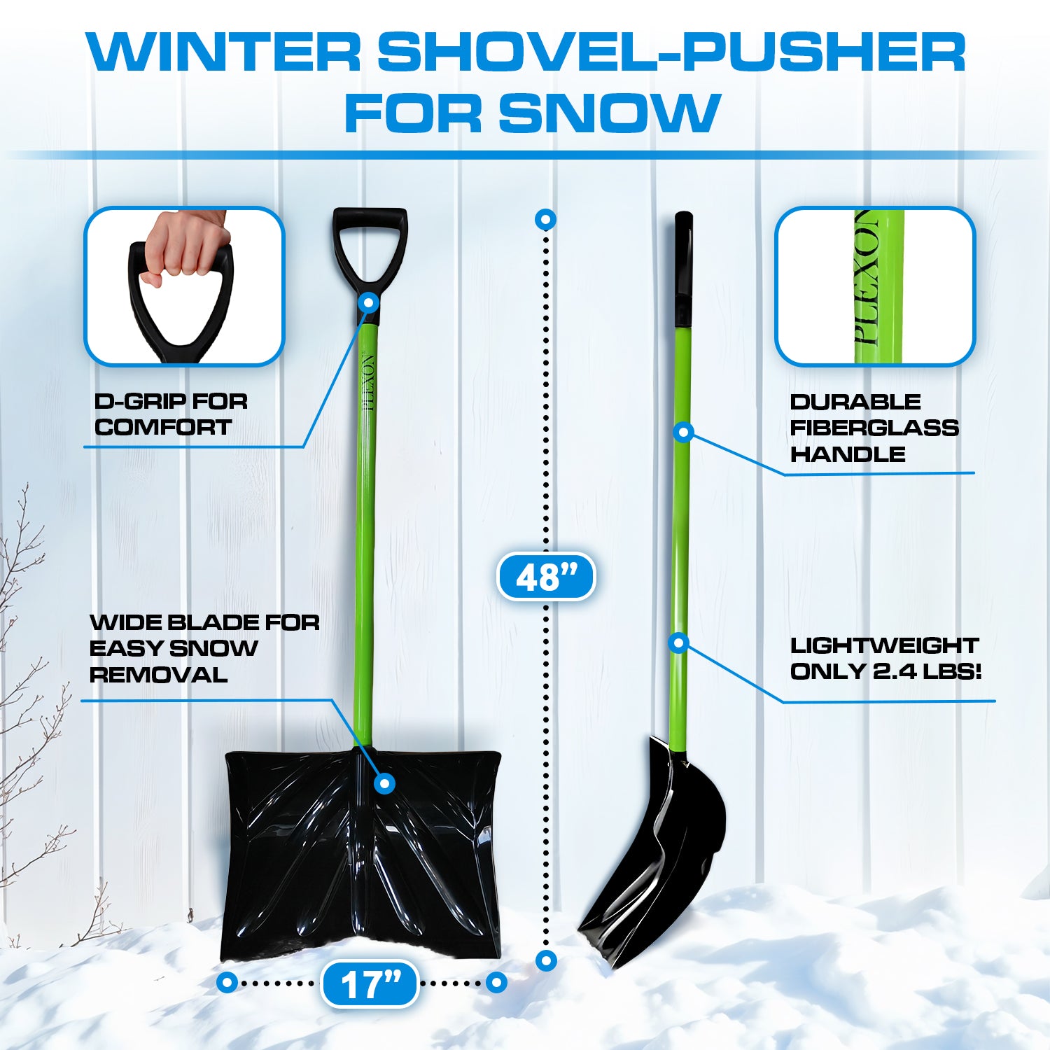 48" Snow Pusher with Fiberglass Handle & Plastic D-Grip, 17" Wide Blade, Green