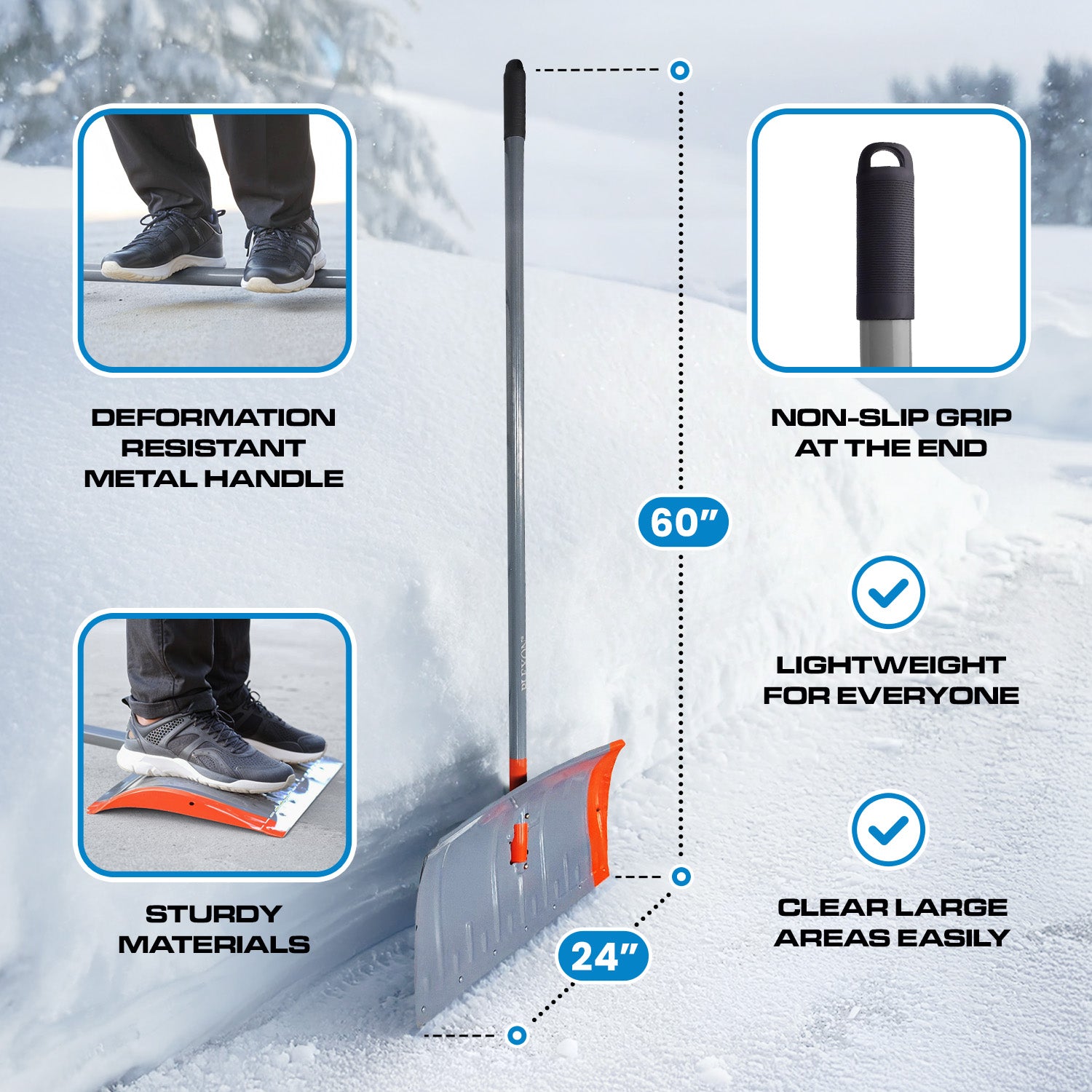 60" Snow Pusher with Metal Handle, 24" Wide Blade